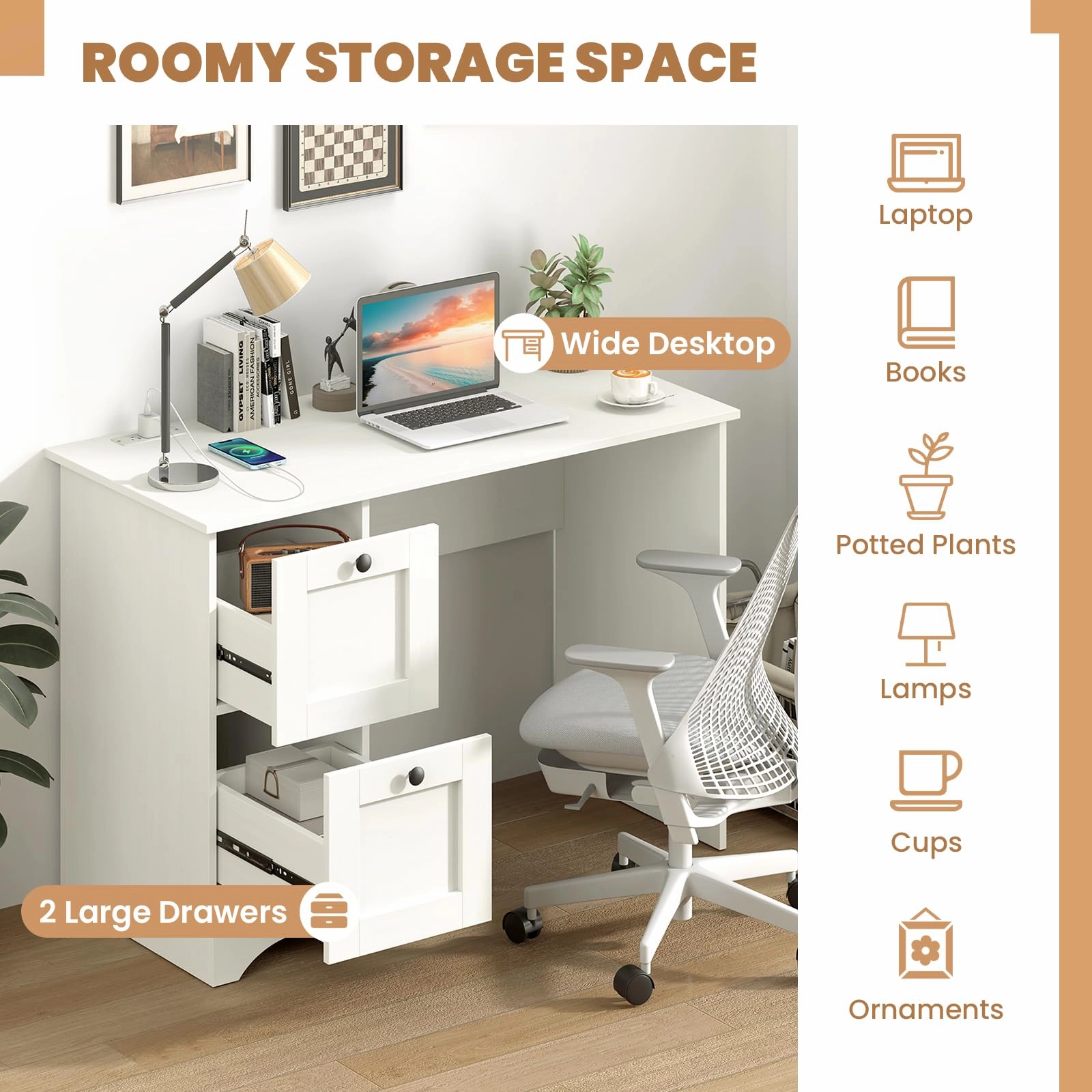 Giantex White Desk with 2 Drawers, 43 Wooden Home Office Desk with Charging Station