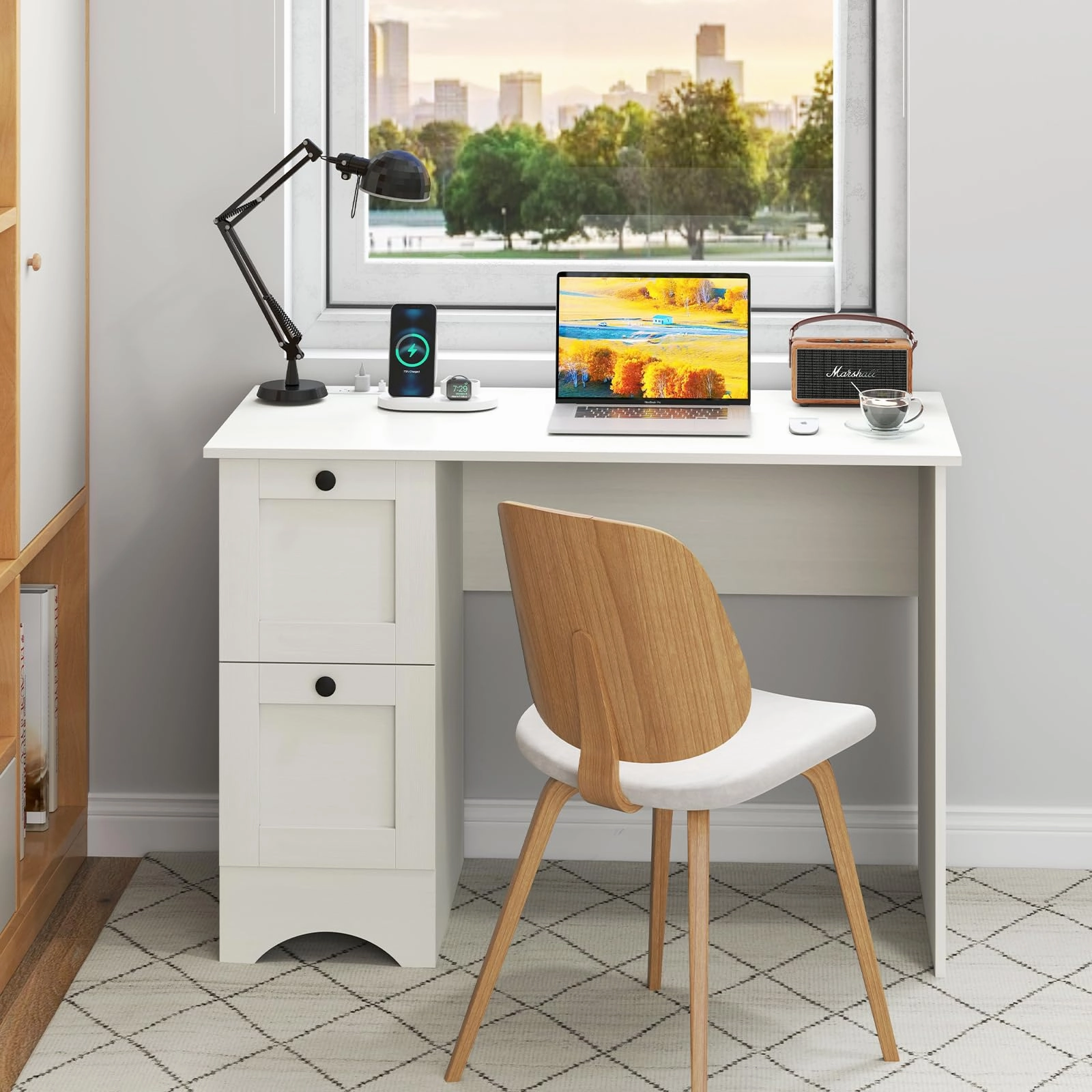 Giantex White Desk with 2 Drawers, 43 Wooden Home Office Desk with Charging Station