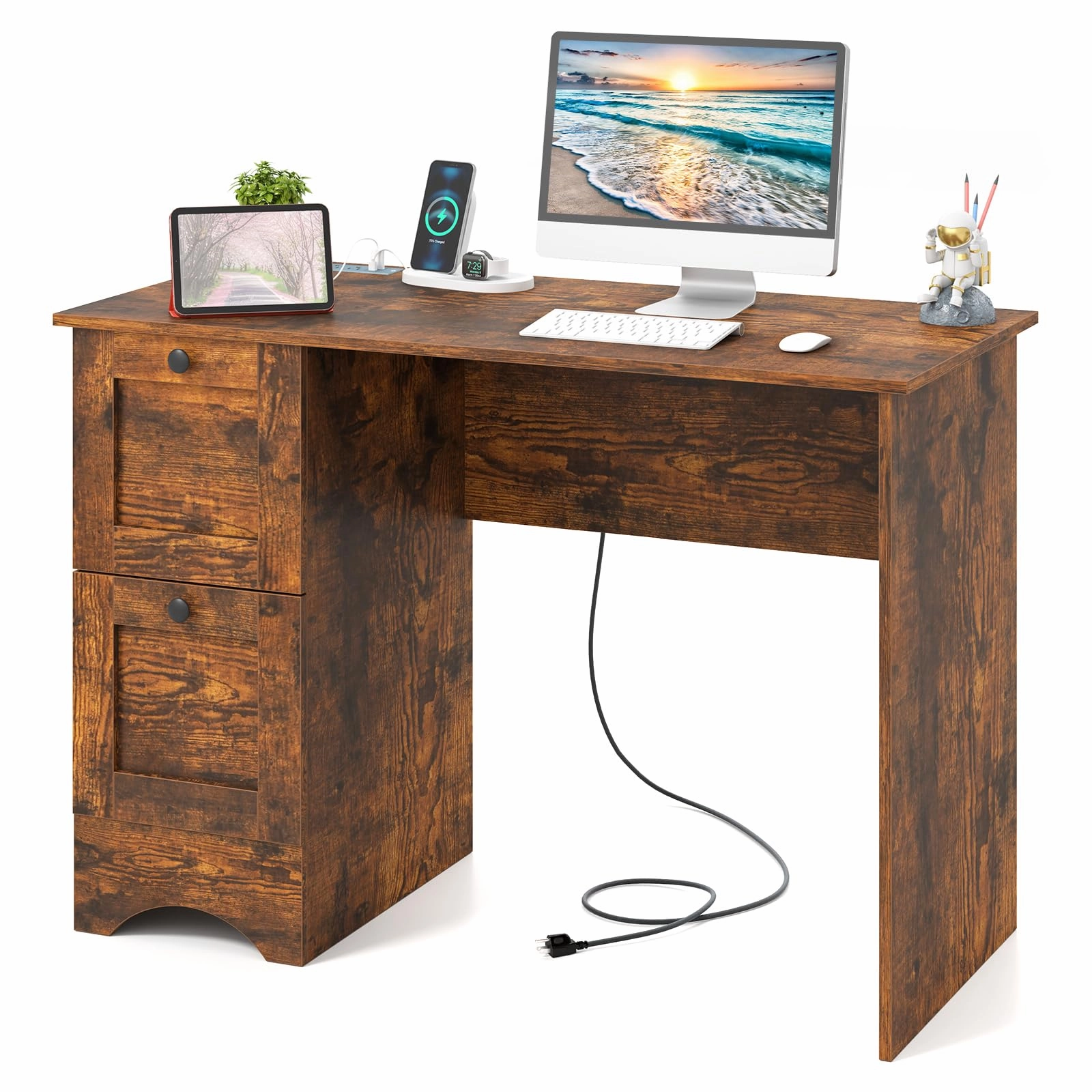 Giantex White Desk with 2 Drawers, 43 Wooden Home Office Desk with Charging Station