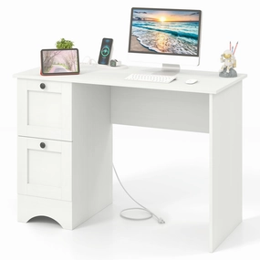 Giantex White Desk with 2 Drawers, 43 Wooden Home Office Desk with Charging Station patio decor, garden accessories