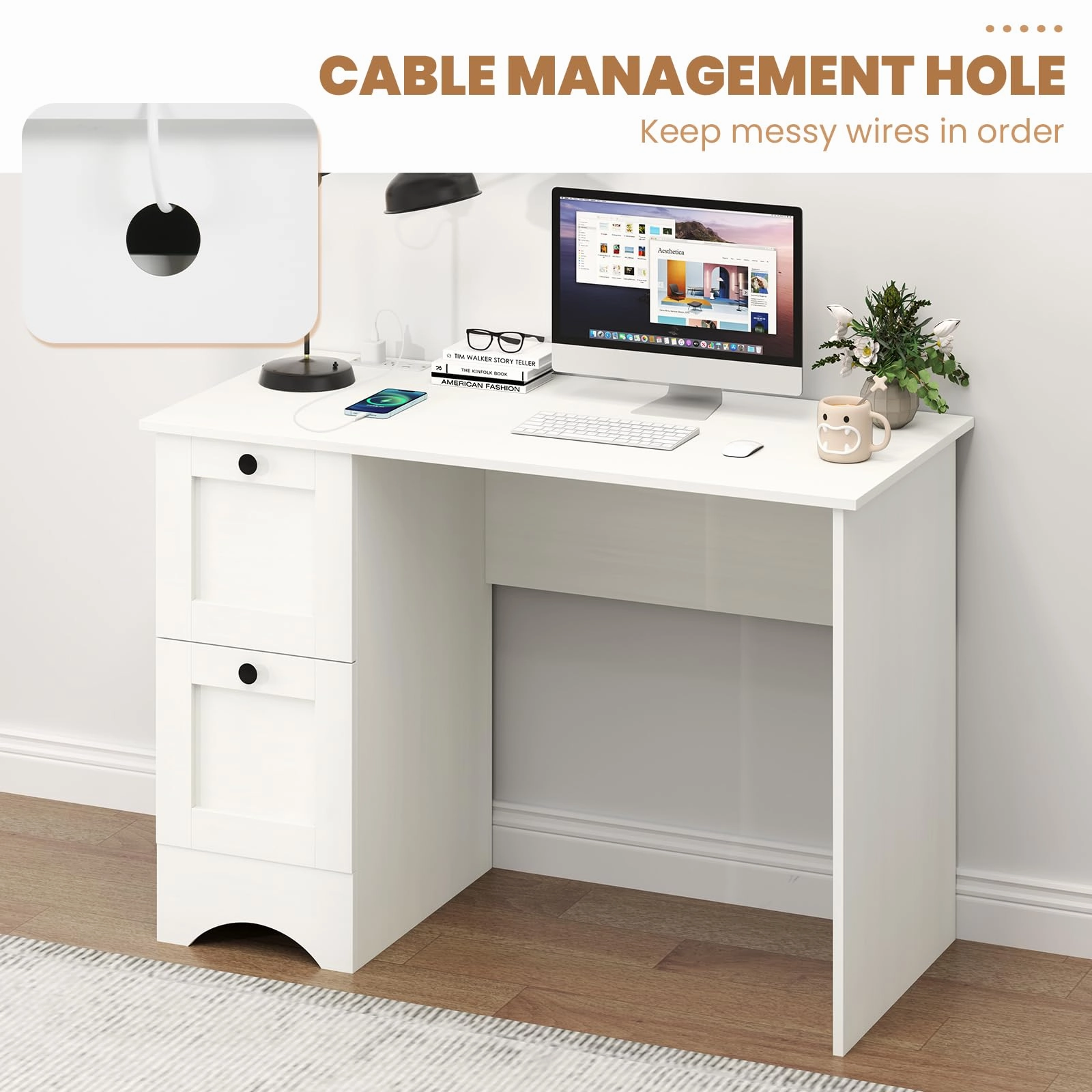 Giantex White Desk with 2 Drawers, 43 Wooden Home Office Desk with Charging Station