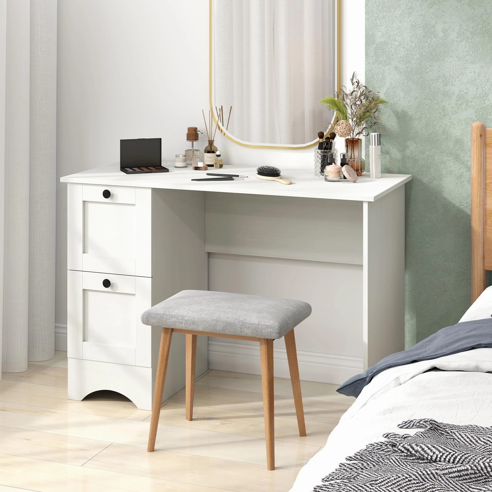 Giantex White Desk with 2 Drawers, 43 Wooden Home Office Desk with Charging Station