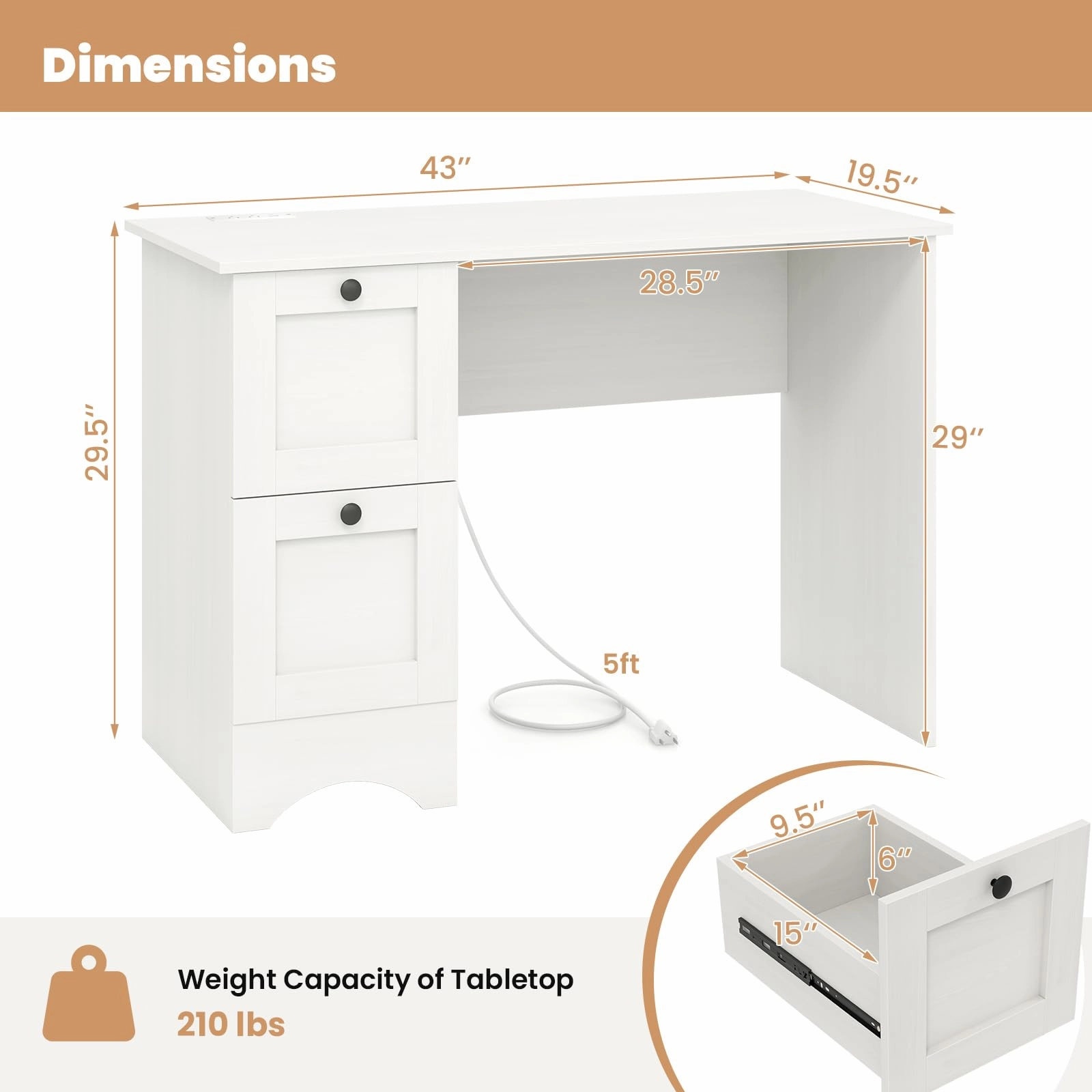 Giantex White Desk with 2 Drawers, 43 Wooden Home Office Desk with Charging Station