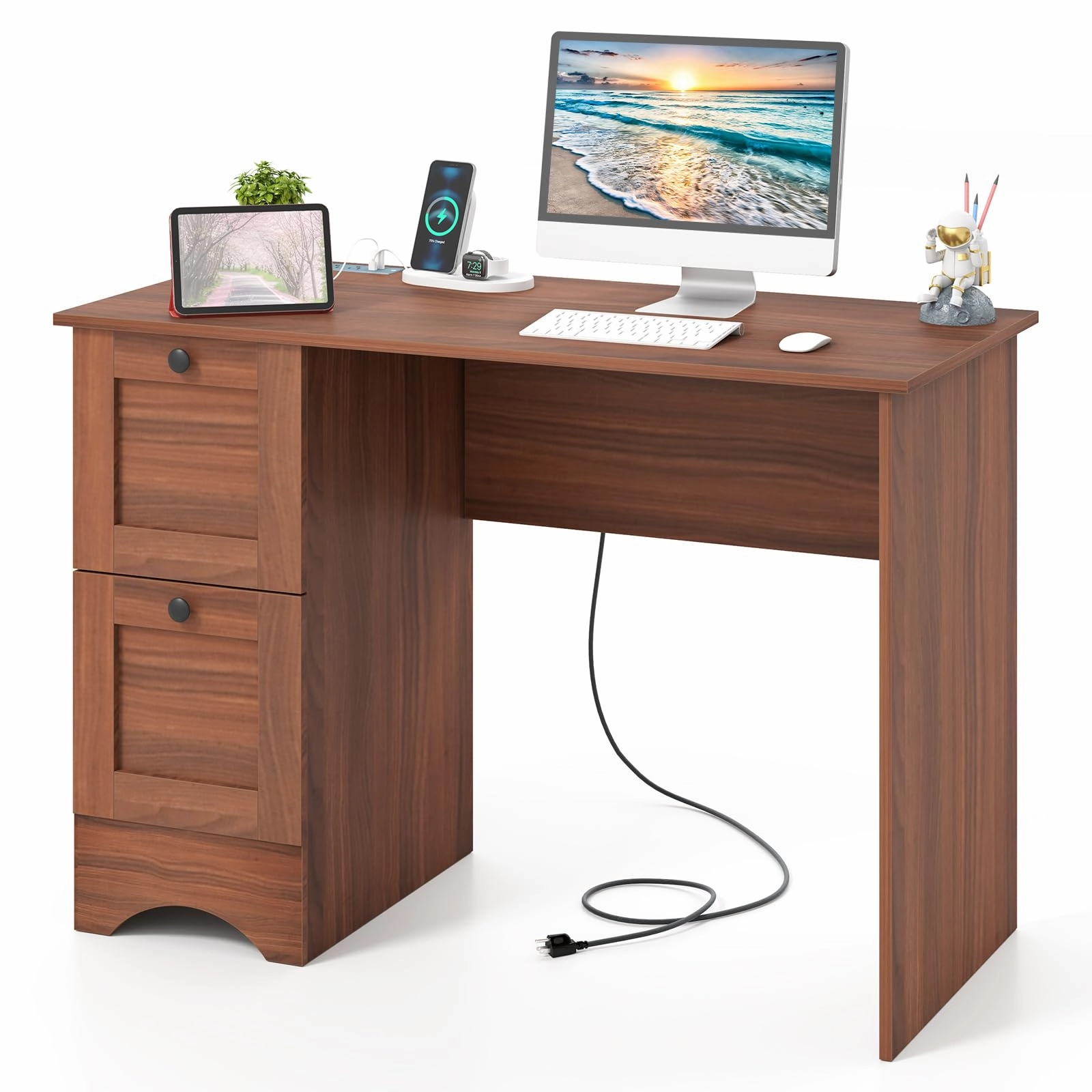 Giantex White Desk with 2 Drawers, 43 Wooden Home Office Desk with Charging Station