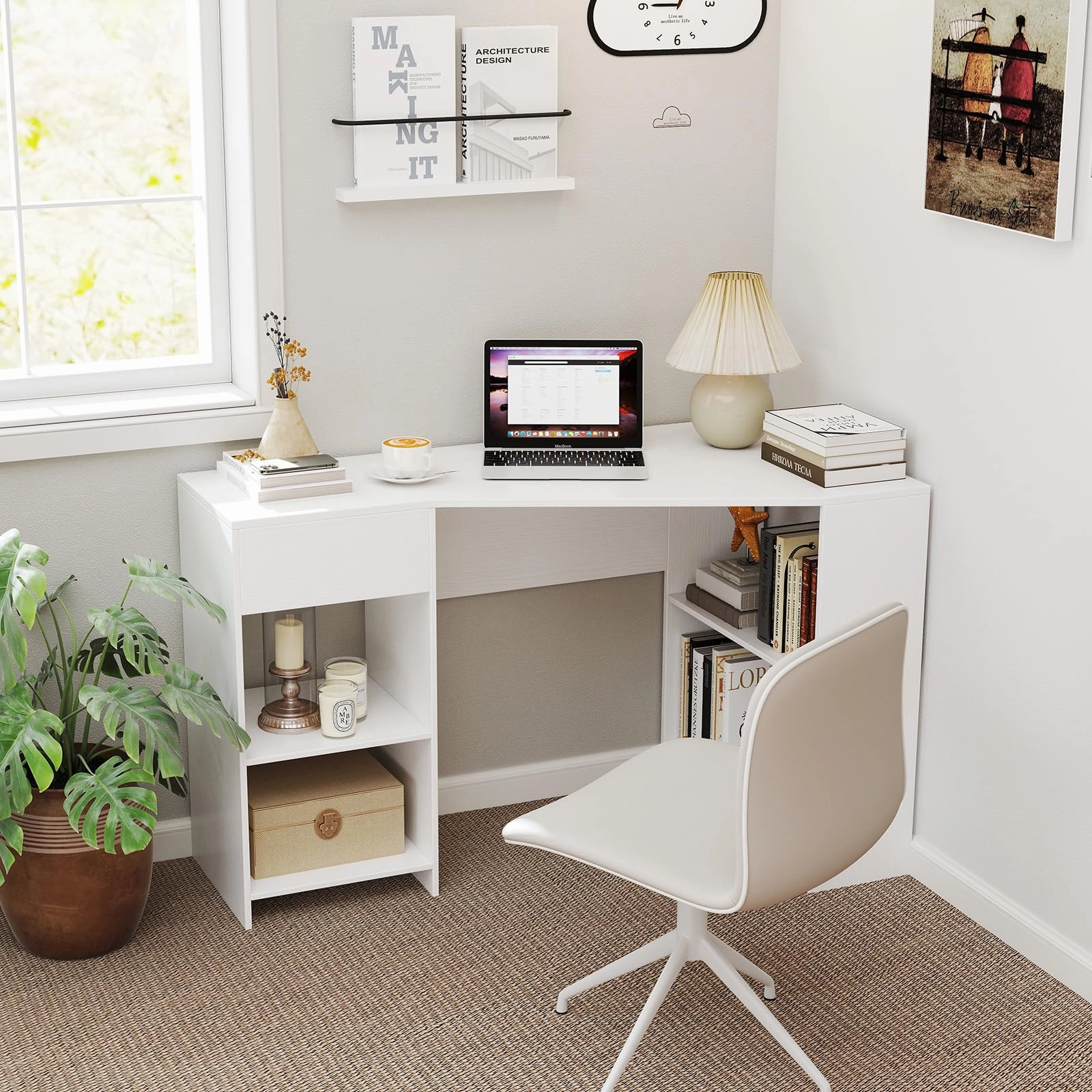 Giantex White Desk with Drawer 48 Inch Corner Desk