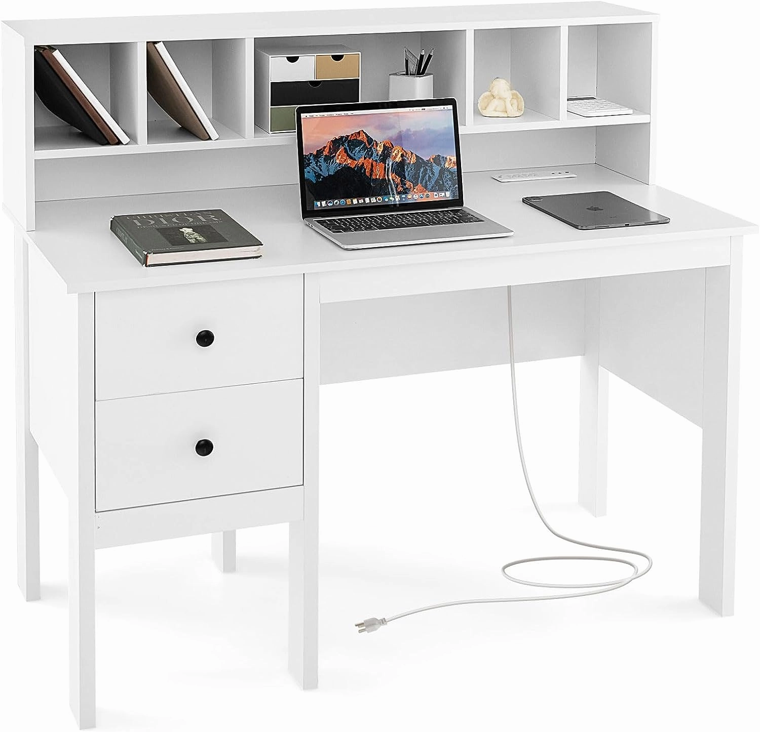 Giantex White Desk with Drawers and Power Outlet, 48" Home Office Computer Desk with 5-Cubby Hutch patio decor, garden accessories