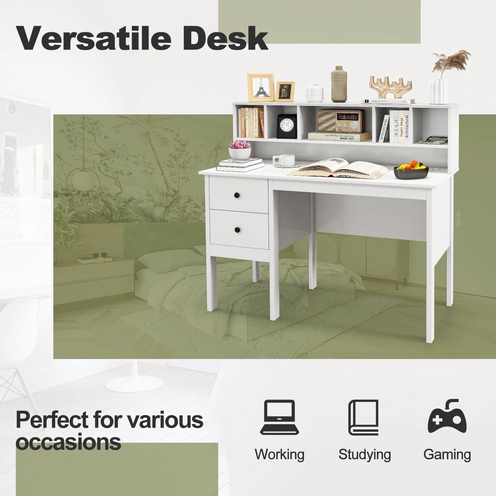 Giantex White Desk with Drawers and Power Outlet, 48" Home Office Computer Desk with 5-Cubby Hutch