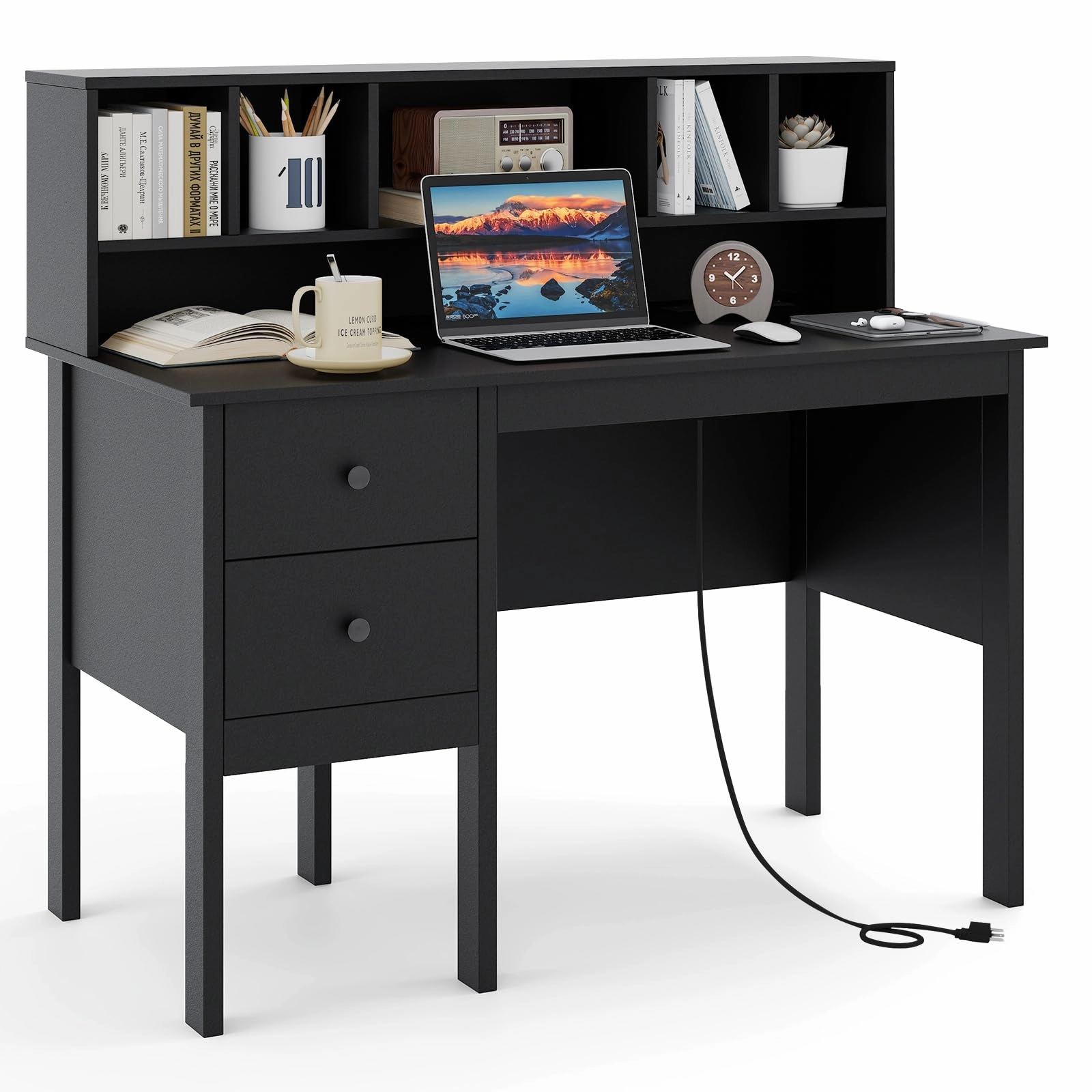 Giantex White Desk with Drawers and Power Outlet, 48" Home Office Computer Desk with 5-Cubby Hutch