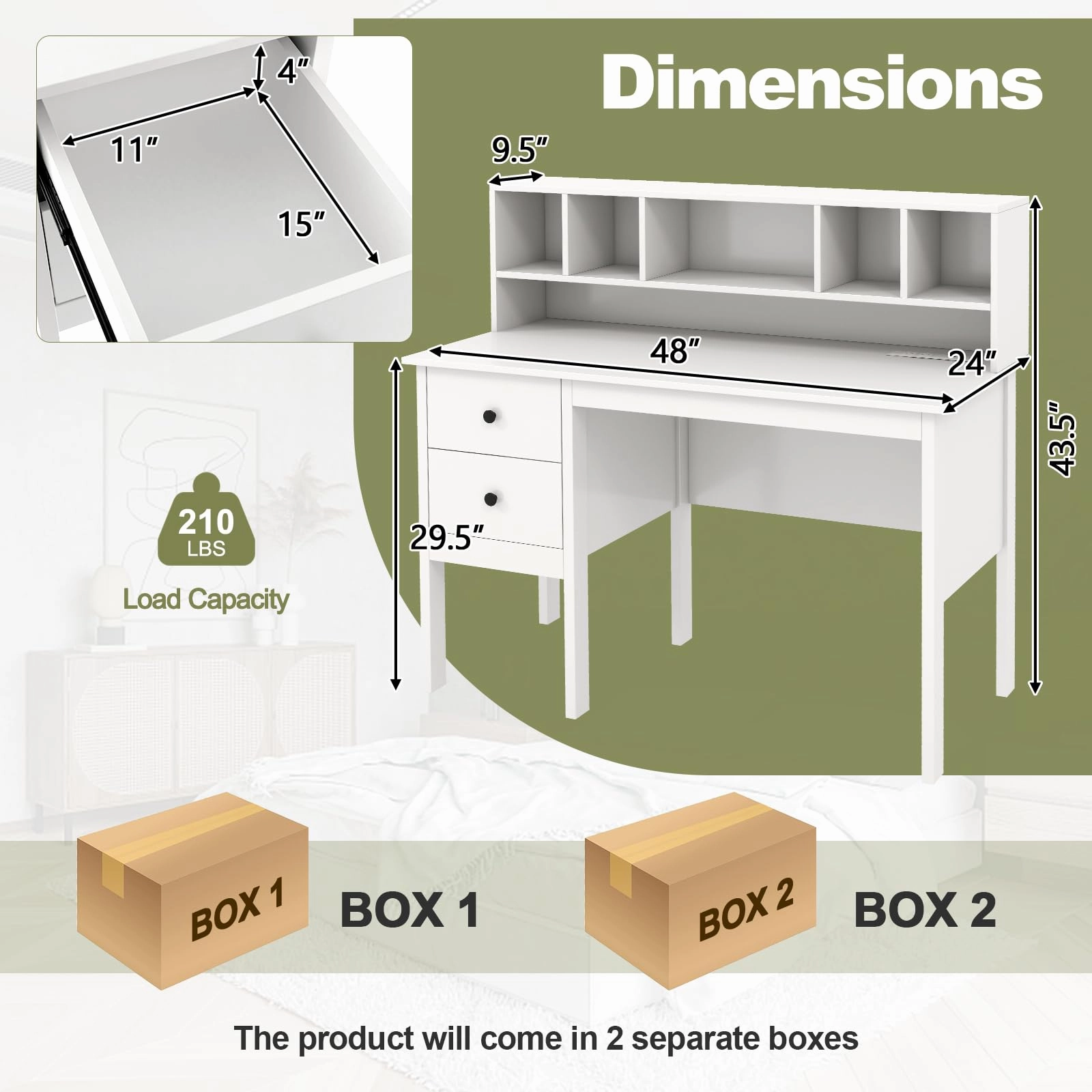 Giantex White Desk with Drawers and Power Outlet, 48" Home Office Computer Desk with 5-Cubby Hutch