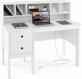 Giantex White Desk with Drawers and Power Outlet, 48" Home Office Computer Desk with 5-Cubby Hutch patio decor, garden accessories