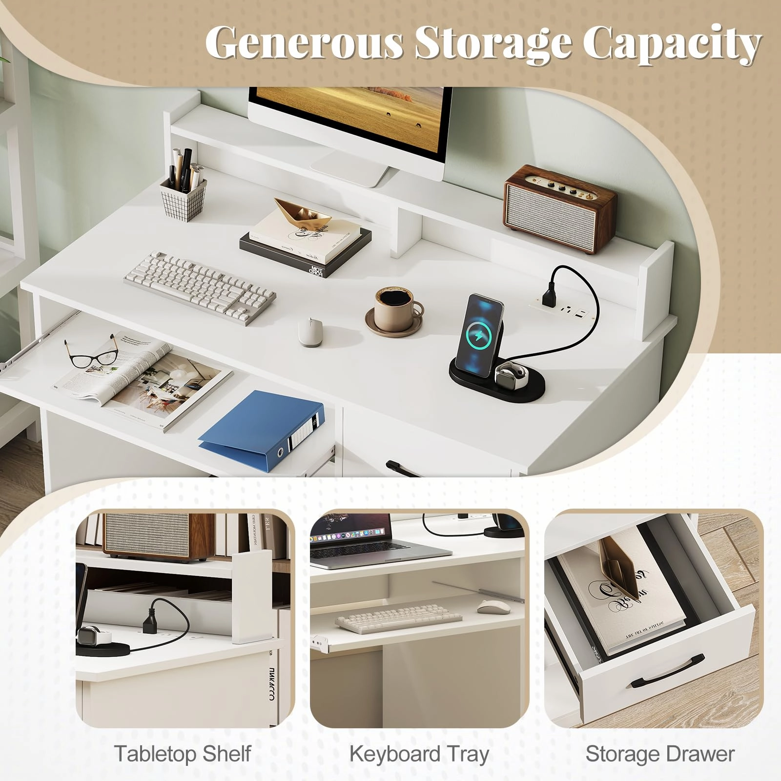 Giantex White Desk with Drawers Modern Home Office Desk