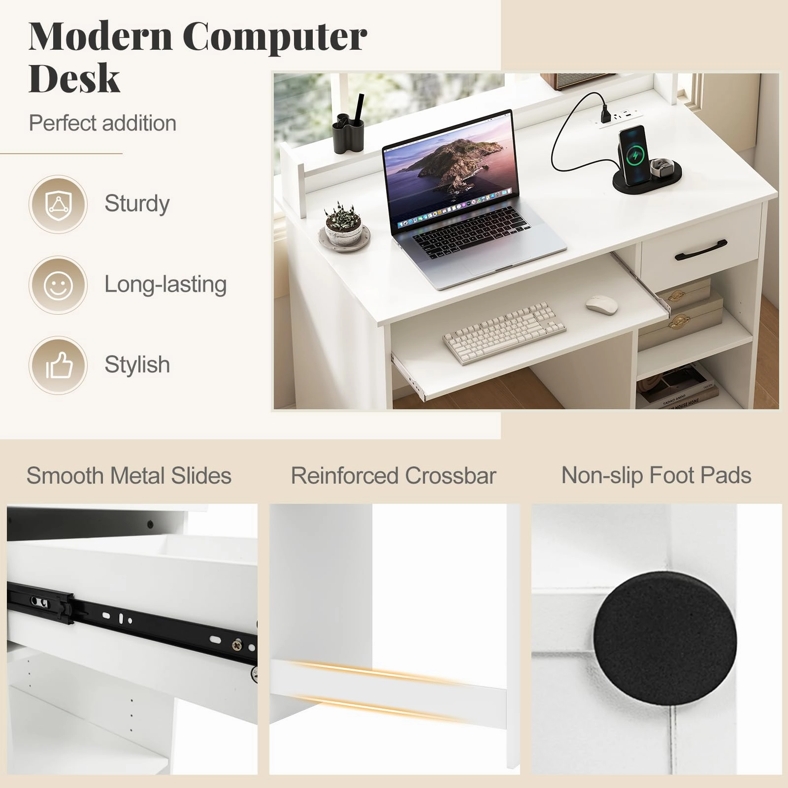 Giantex White Desk with Drawers Modern Home Office Desk