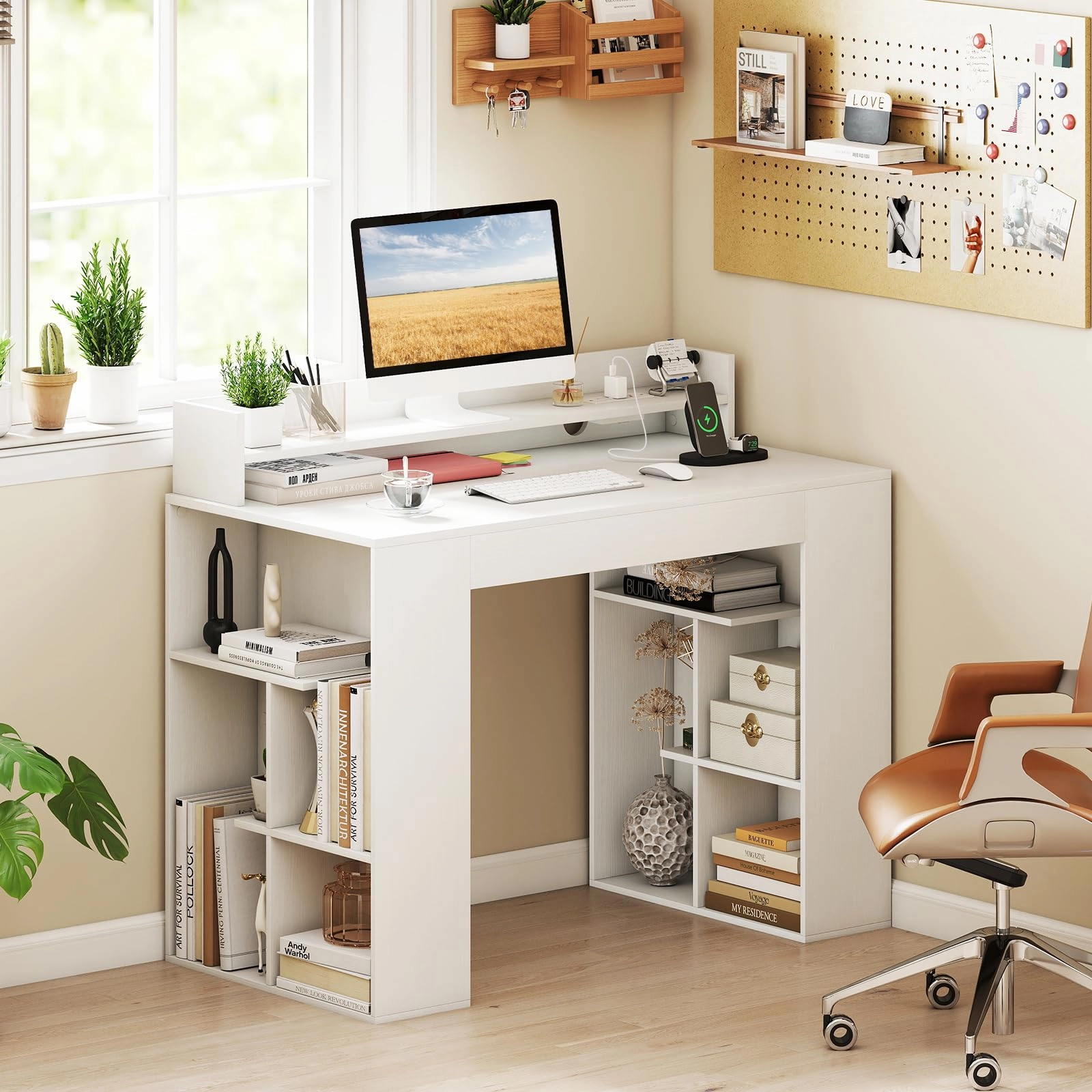 Giantex White Desk with Storage Shelves