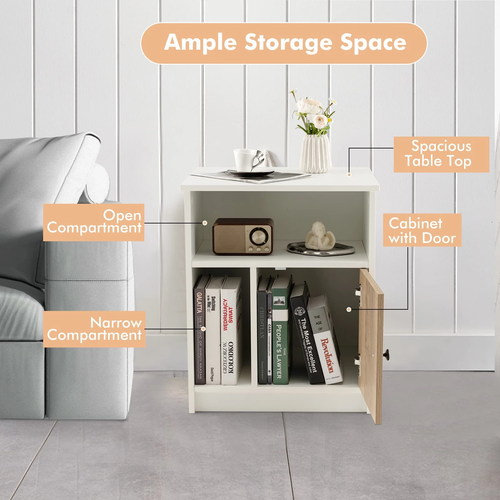 Giantex White Nightstand Set of 2, 25" Tall End Side Table with 1 Door & 2 Open Shelves