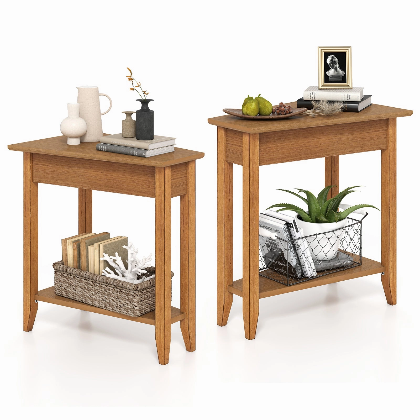 Giantex White Wedge End Table Set of 1 or 2, Triangle Side Table with Storage Shelf and Solid Wood Legs