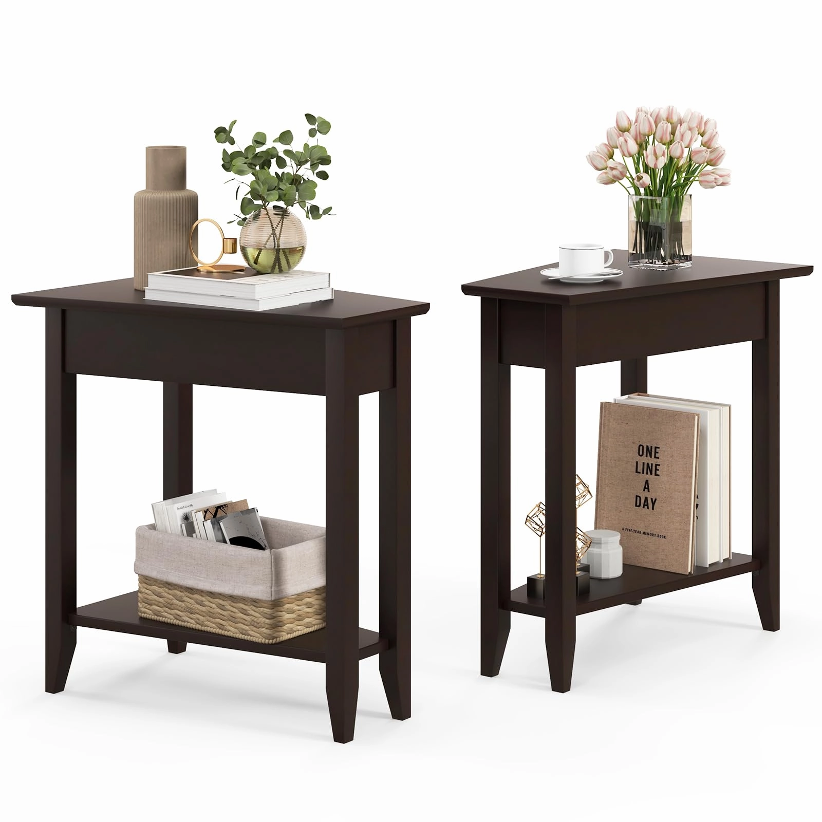 Giantex White Wedge End Table Set of 1 or 2, Triangle Side Table with Storage Shelf and Solid Wood Legs