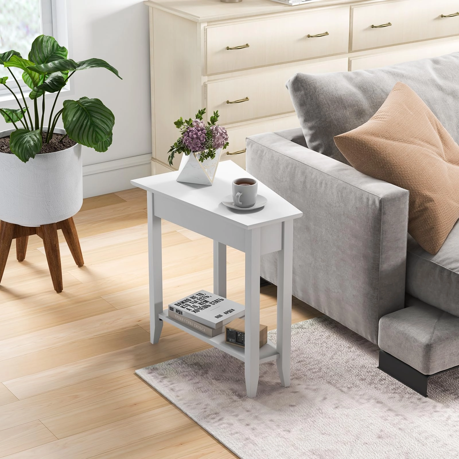 Giantex White Wedge End Table Set of 1 or 2, Triangle Side Table with Storage Shelf and Solid Wood Legs