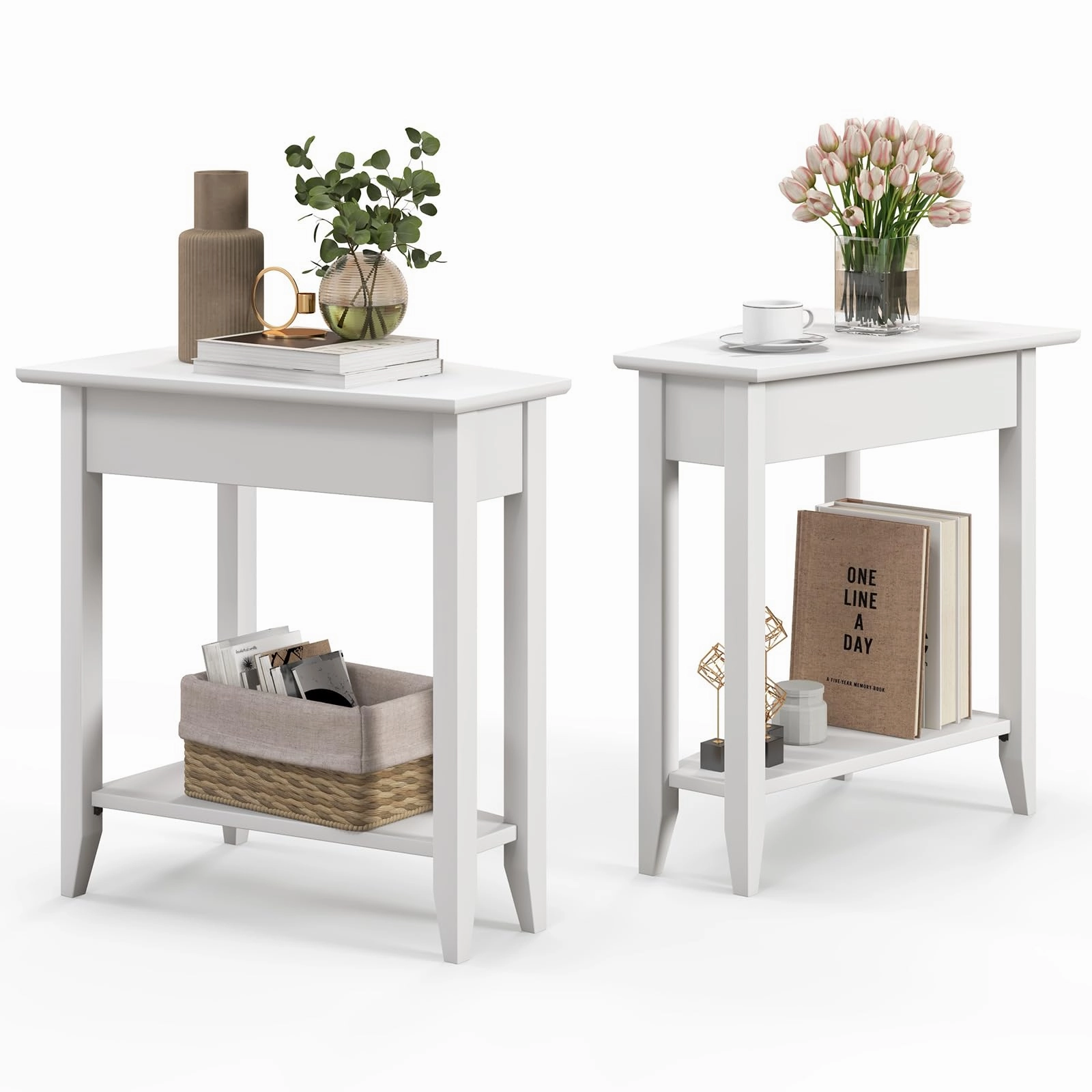 Giantex White Wedge End Table Set of 1 or 2, Triangle Side Table with Storage Shelf and Solid Wood Legs