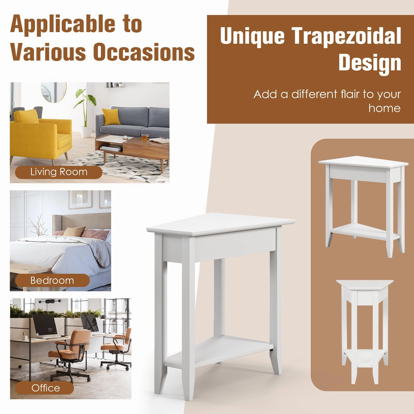 Giantex White Wedge End Table Set of 1 or 2, Triangle Side Table with Storage Shelf and Solid Wood Legs