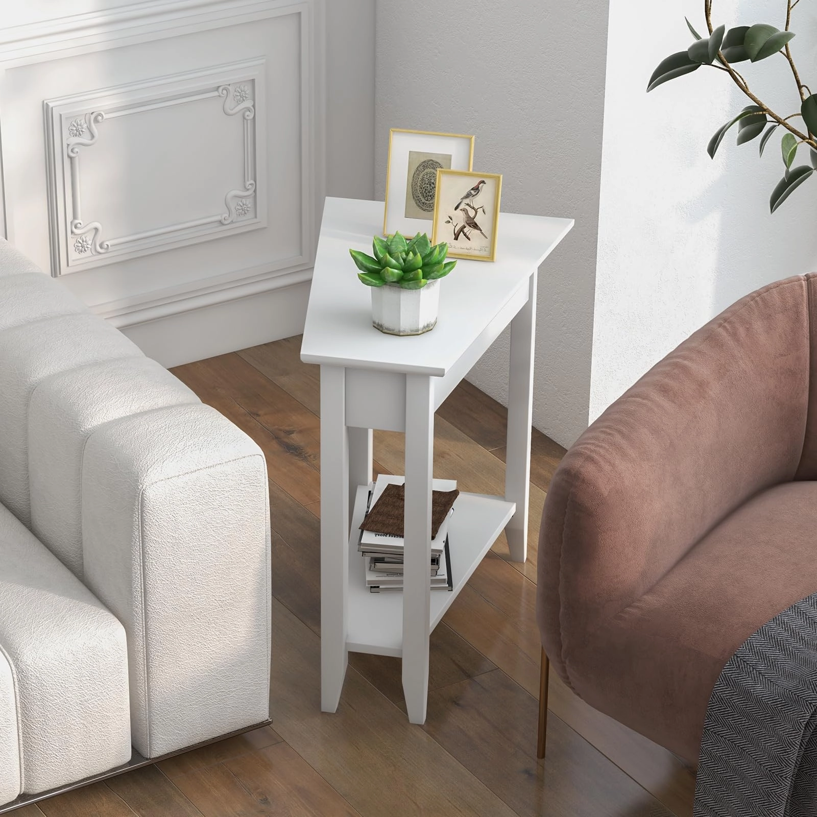 Giantex White Wedge End Table Set of 1 or 2, Triangle Side Table with Storage Shelf and Solid Wood Legs