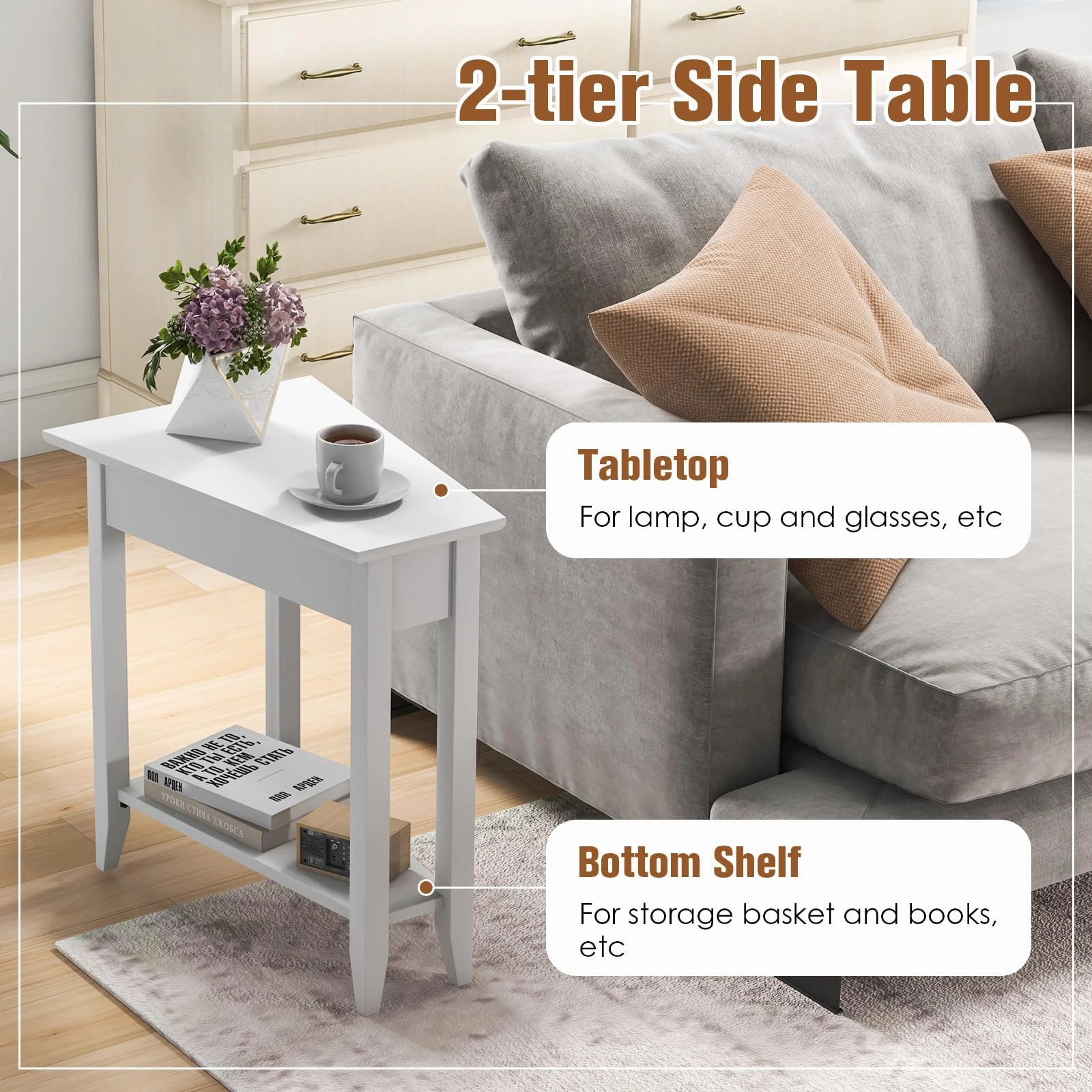 Giantex White Wedge End Table Set of 1 or 2, Triangle Side Table with Storage Shelf and Solid Wood Legs