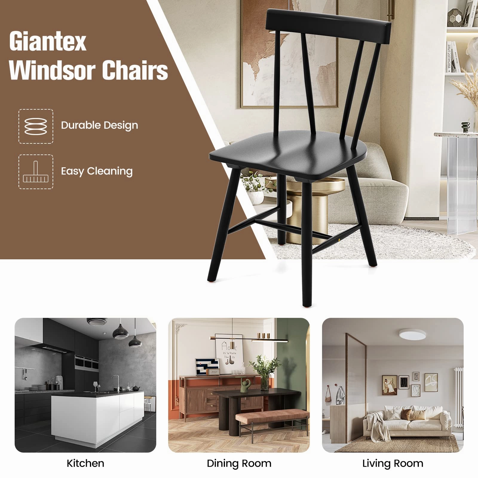 Giantex Windsor Chairs, Armless Dining Chairs with Solid Rubber Wood Frame