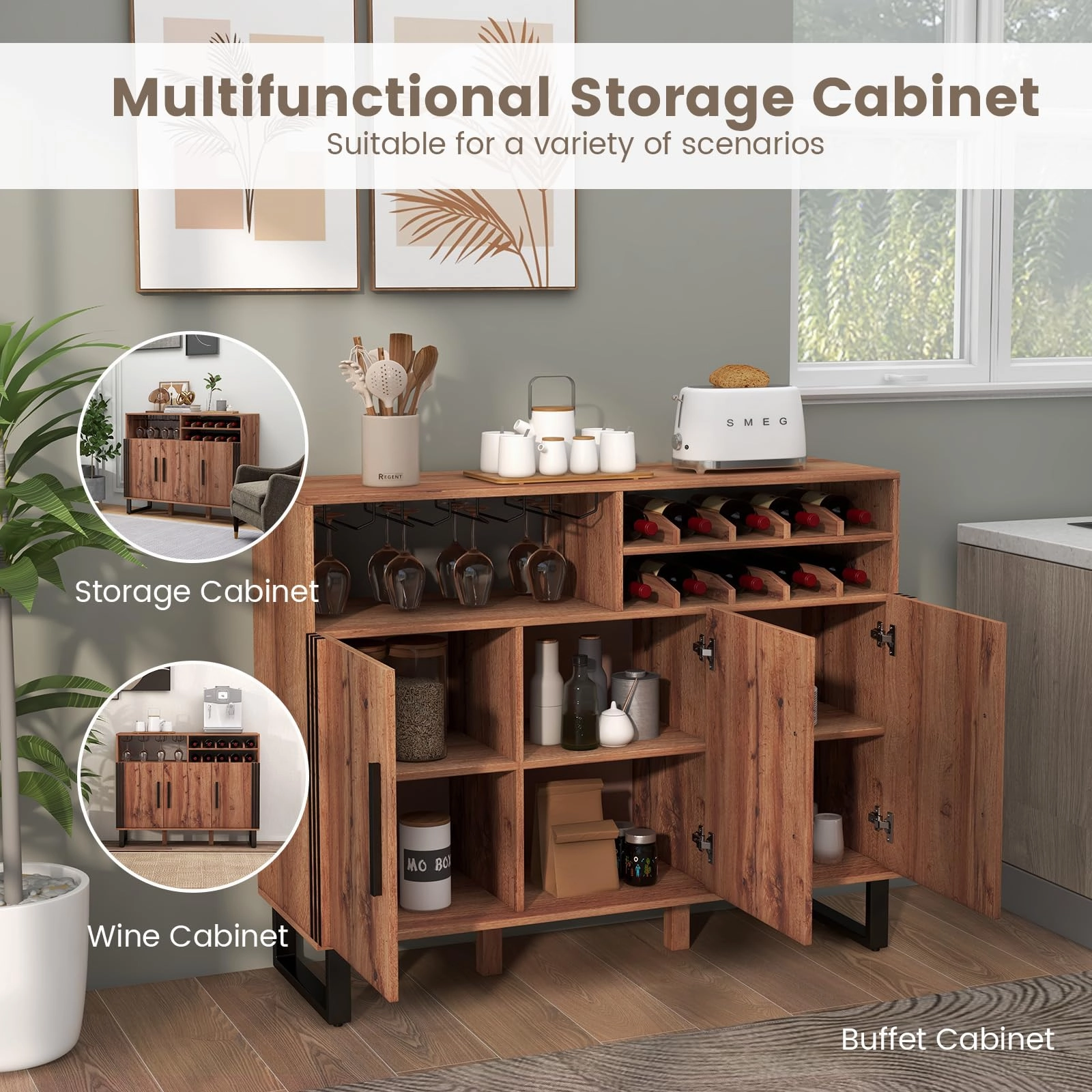 Giantex Wine Bar Cabinet, Buffet Sideboard with 3 Doors & Adjustable Shelves, Liquor Cabinet