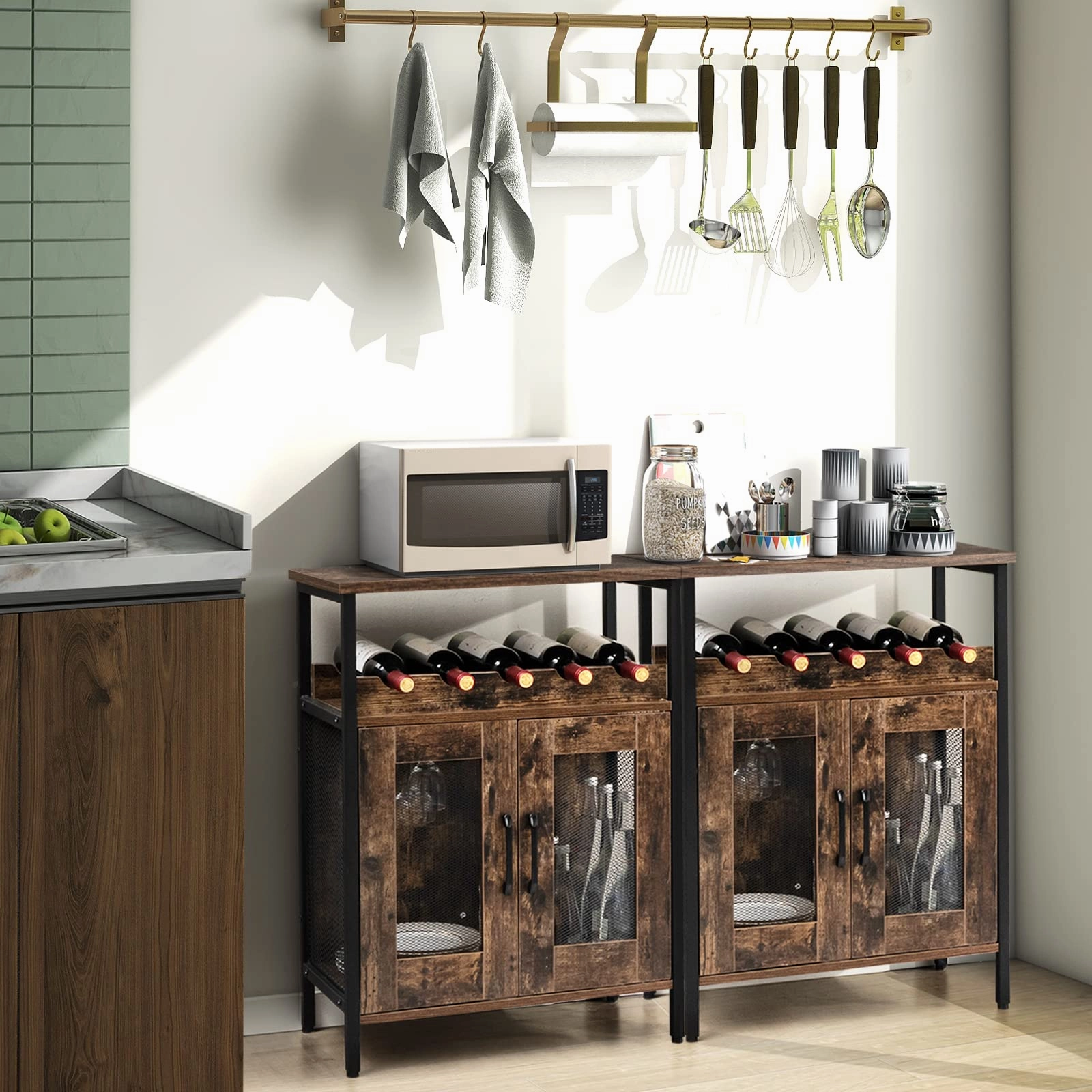 Giantex Wine Bar Cabinet, Industrial Liquor Cabinet with Glass Holder, Removable Wine Rack (Rustic Brown & Black)