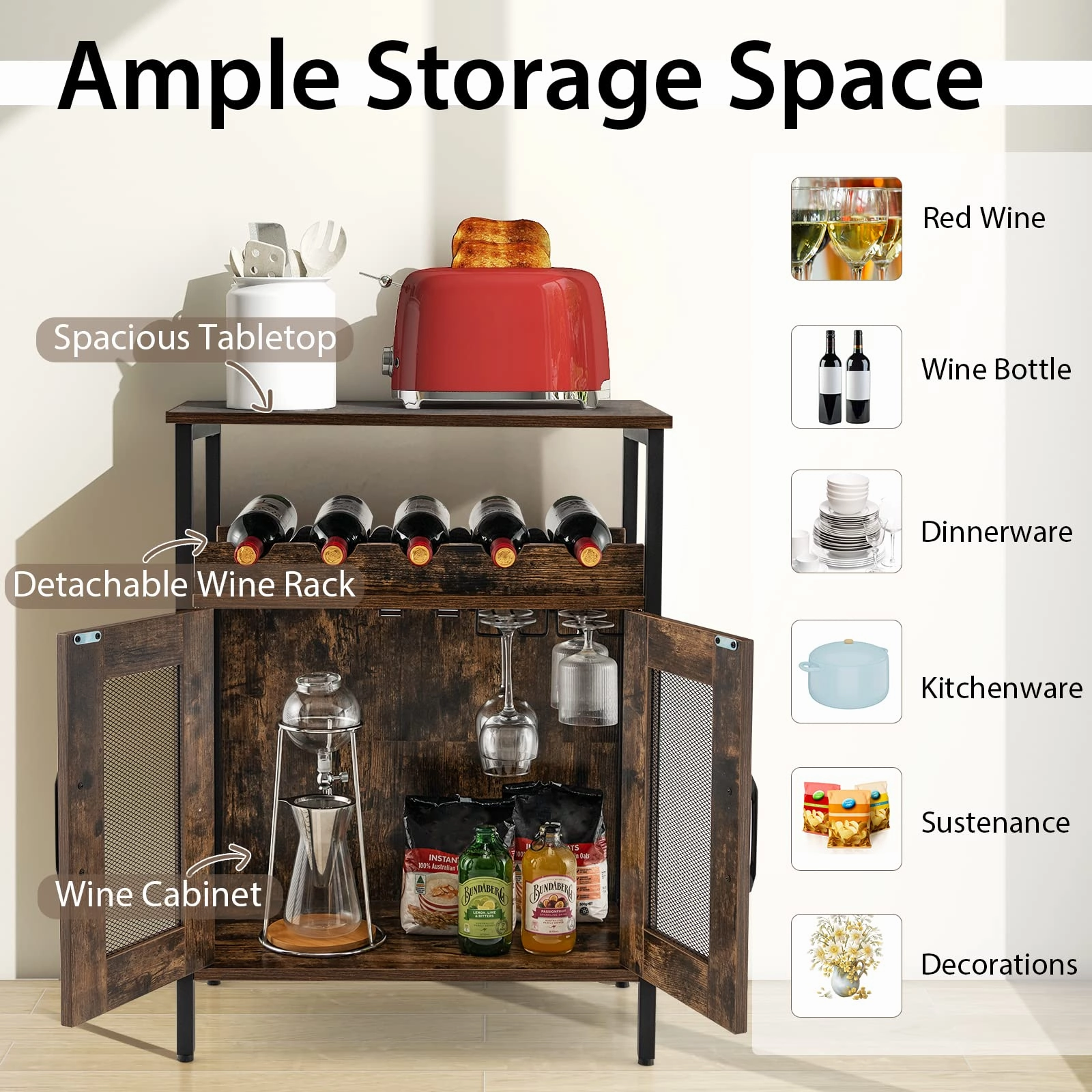 Giantex Wine Bar Cabinet, Industrial Liquor Cabinet with Glass Holder, Removable Wine Rack (Rustic Brown & Black)