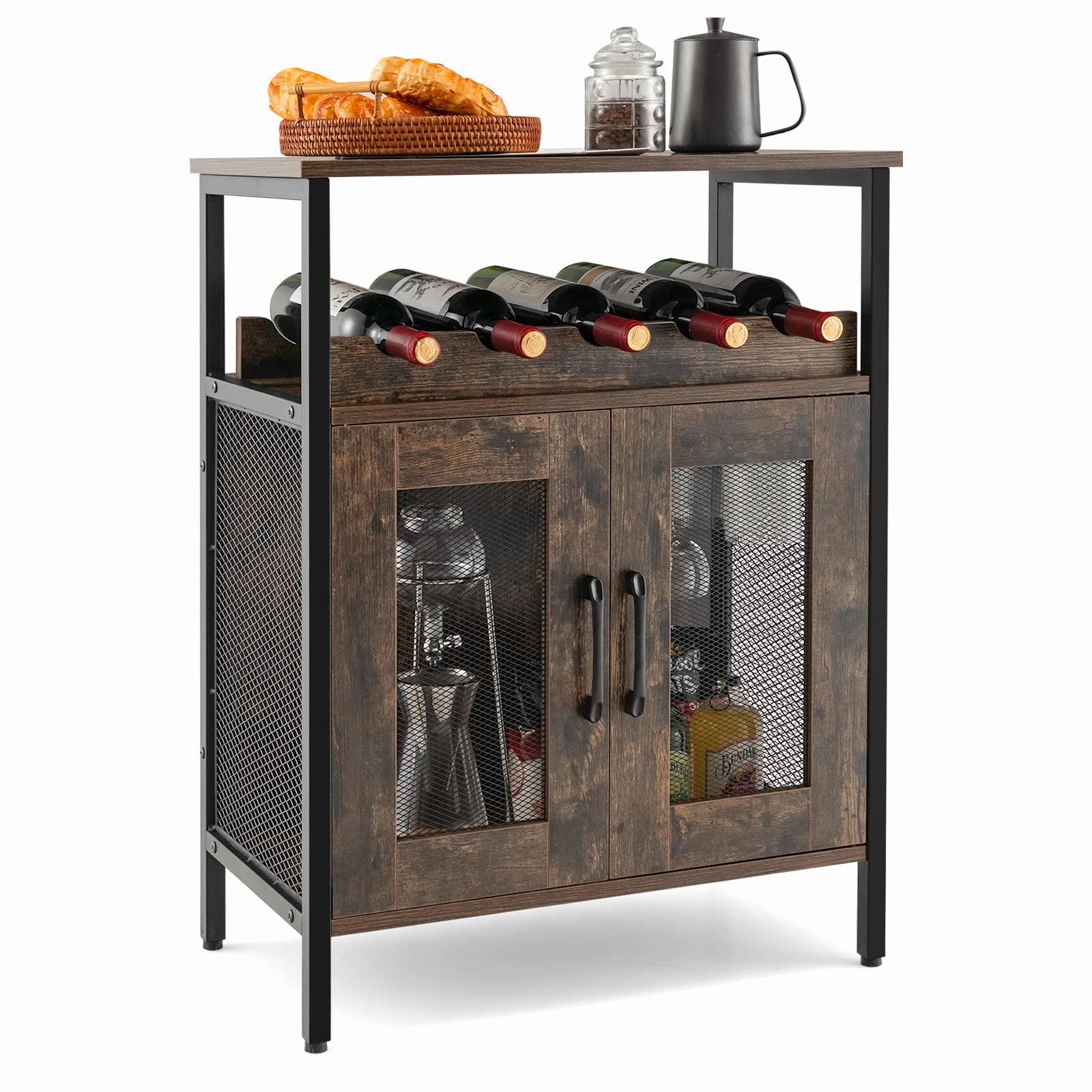 Giantex Wine Bar Cabinet, Industrial Liquor Cabinet with Glass Holder, Removable Wine Rack (Rustic Brown & Black) kitchen towel, placemats