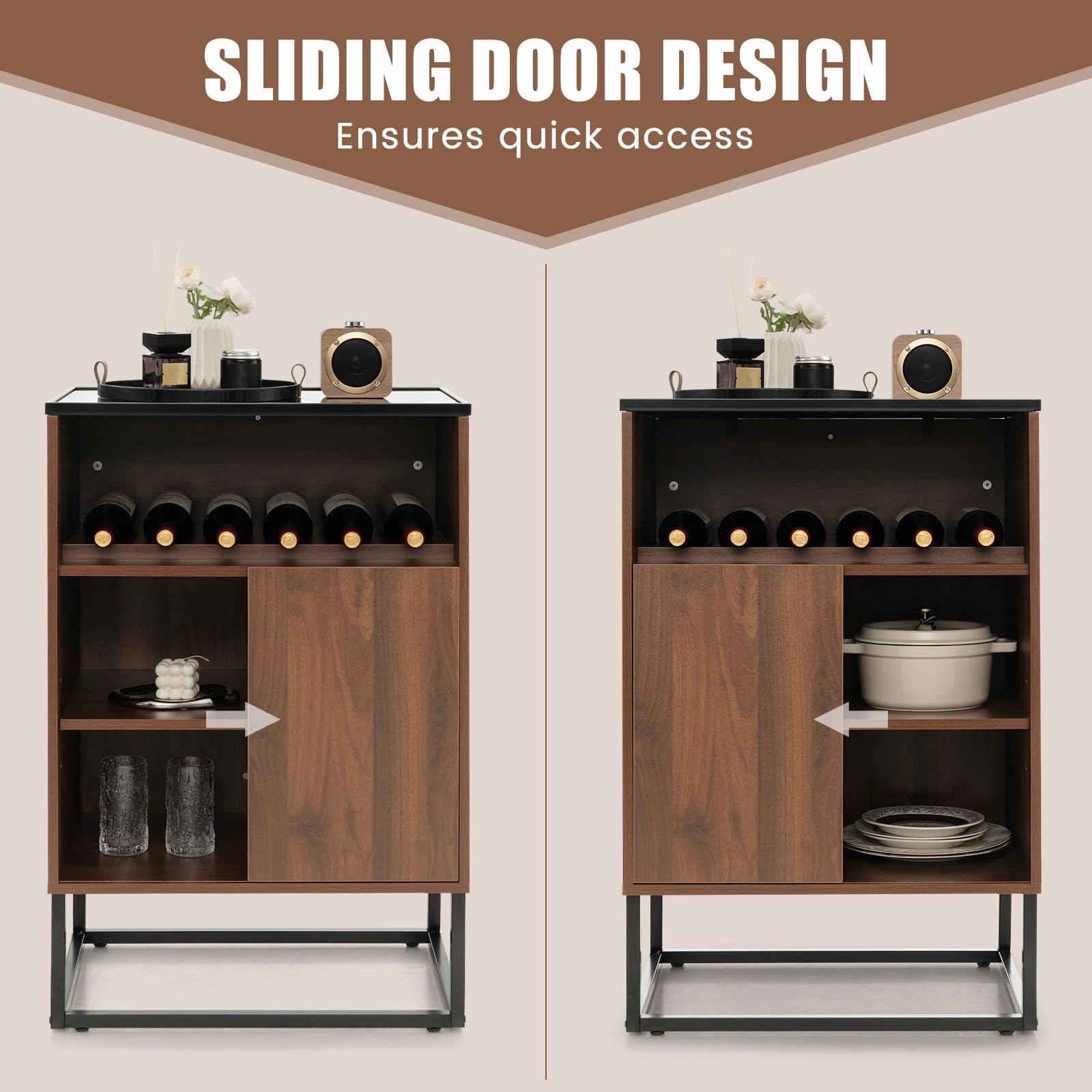 Giantex Wine Bar Cabinet, Small Sideboard Buffet Cabinet with Tempered Glass Top, Adjustable Feet & Shelf, Sliding Door