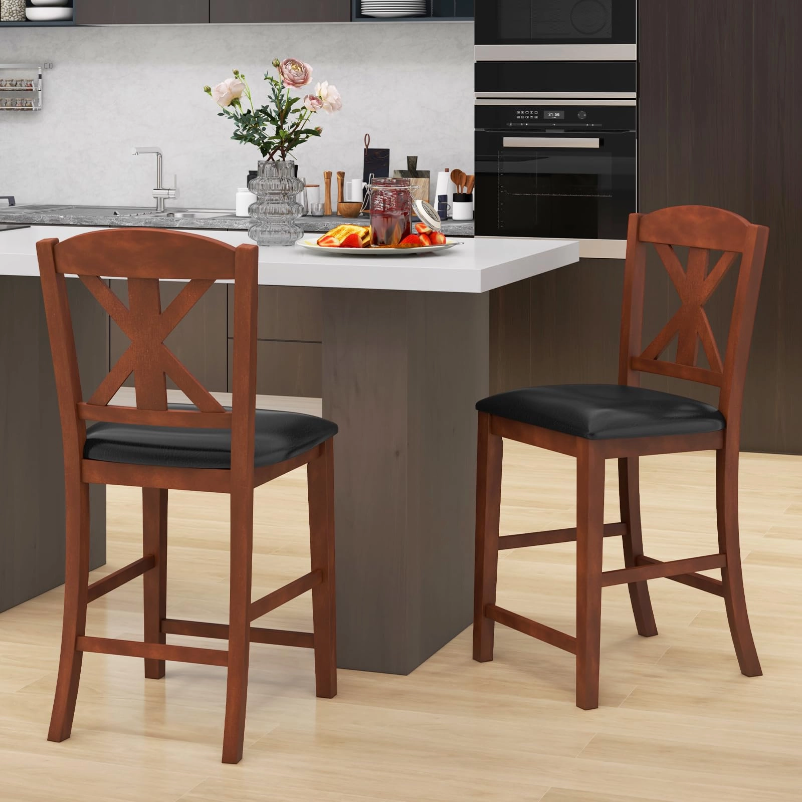 Giantex Wood Bar Stools Set, 24" Upholstered Counter Height Bar Chairs w/Hollowed High Back