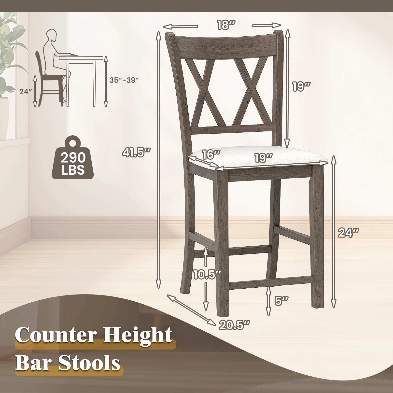 Giantex Wood Bar Stools Set of 2/4, 24" Counter Height Bar Stools w/Cross Back & Linen Fabric Upholstered Seat