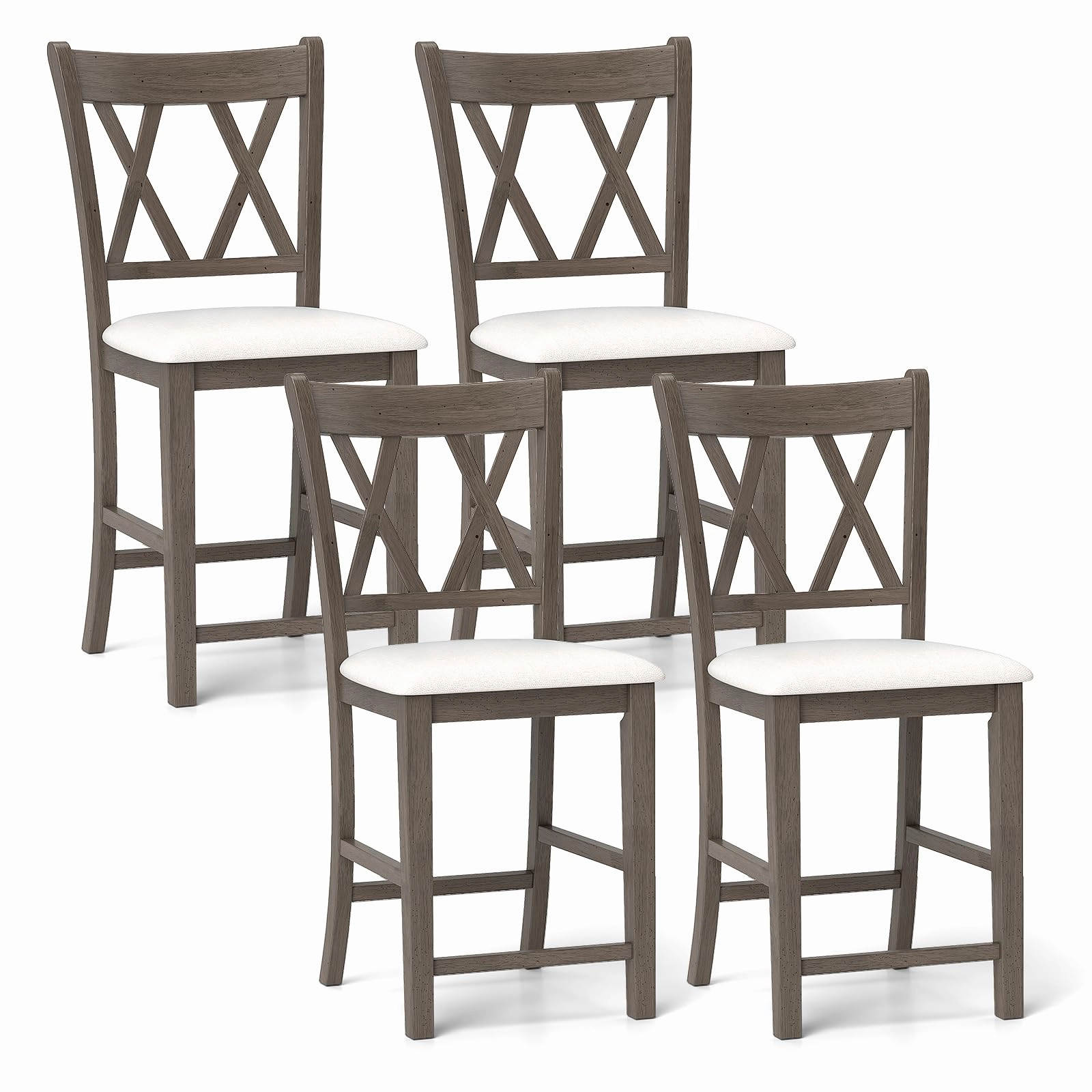 Giantex Wood Bar Stools Set of 2/4, 24" Counter Height Bar Stools w/Cross Back & Linen Fabric Upholstered Seat