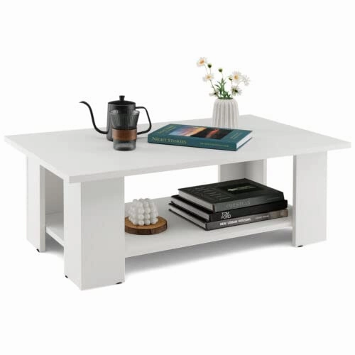 Giantex Wood Coffee Table w/Storage Shelf, 36"L 2-Tier Large Modern Tea Table, White throw pillow, fuzzy blanket