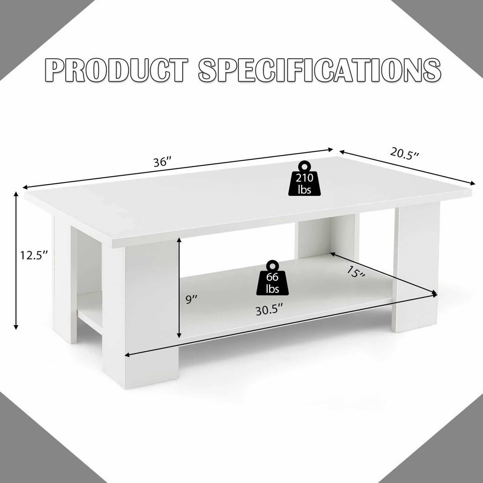 Giantex Wood Coffee Table w/Storage Shelf, 36"L 2-Tier Large Modern Tea Table, White