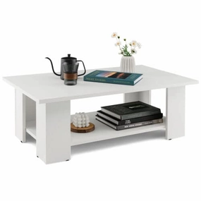 Giantex Wood Coffee Table w/Storage Shelf, 36"L 2-Tier Large Modern Tea Table, White console table, hallway table