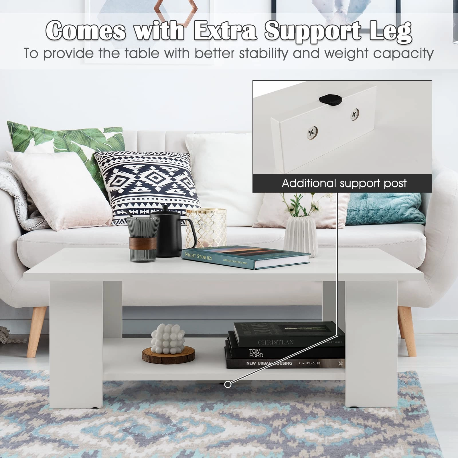 Giantex Wood Coffee Table w/Storage Shelf, 36"L 2-Tier Large Modern Tea Table, White