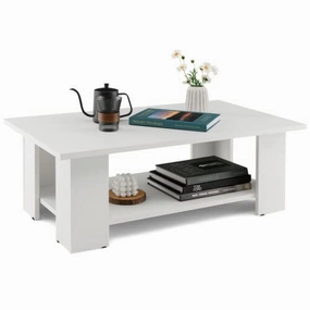 Giantex Wood Coffee Table w/Storage Shelf, 36"L 2-Tier Large Modern Tea Table, White throw pillow, fuzzy blanket