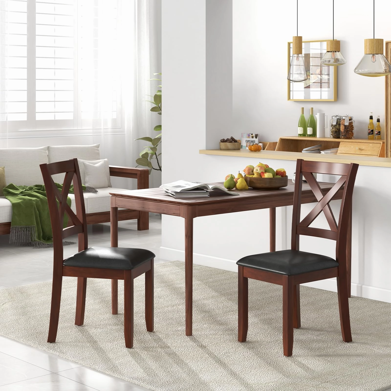 Giantex Wood Dining Chairs, Faux Leather Upholstered Dining Chairs with Rubber Wood Legs