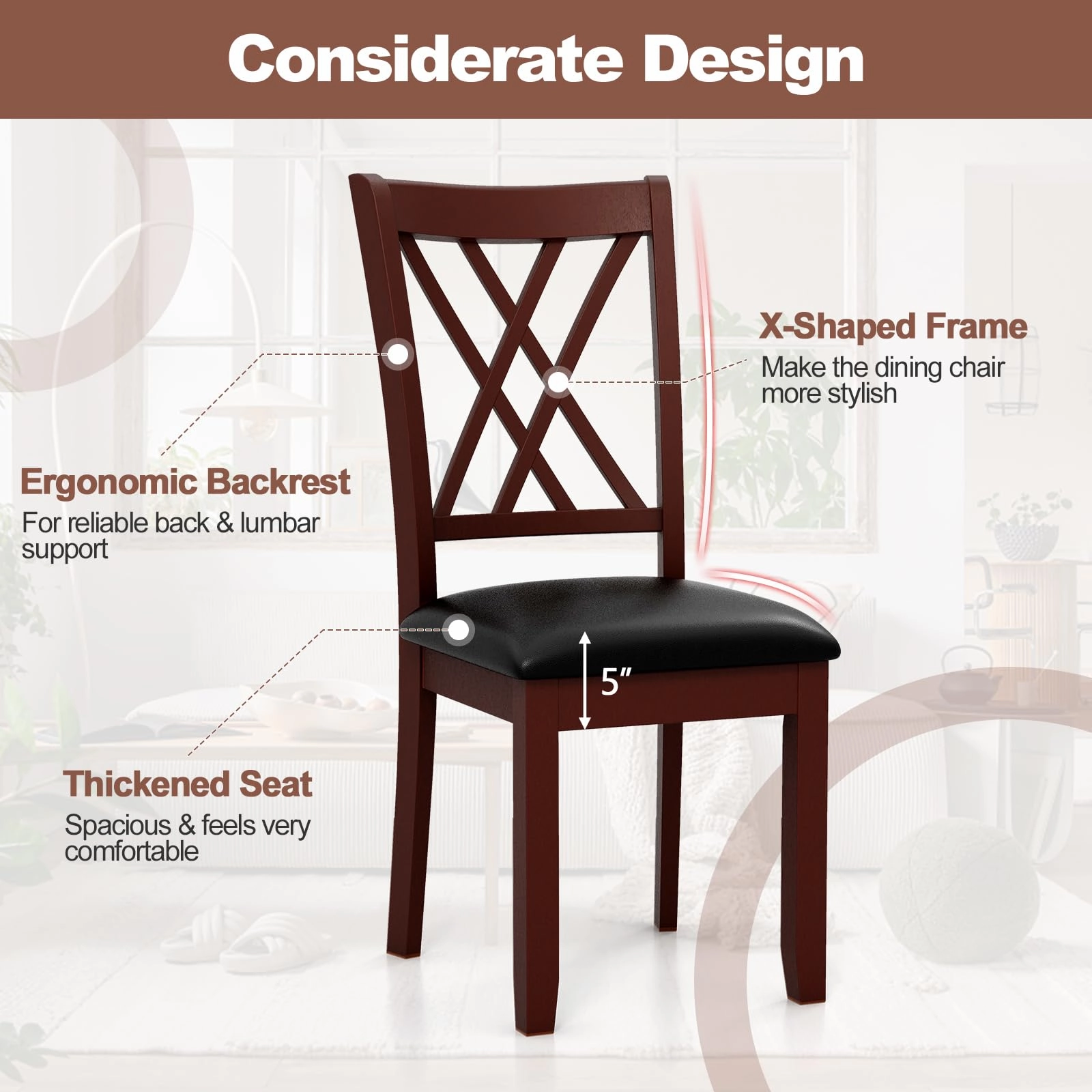 Giantex Wood Dining Chairs Set of 2, Faux Leather Upholstered Kitchen Chairs with Rubber Wood Legs