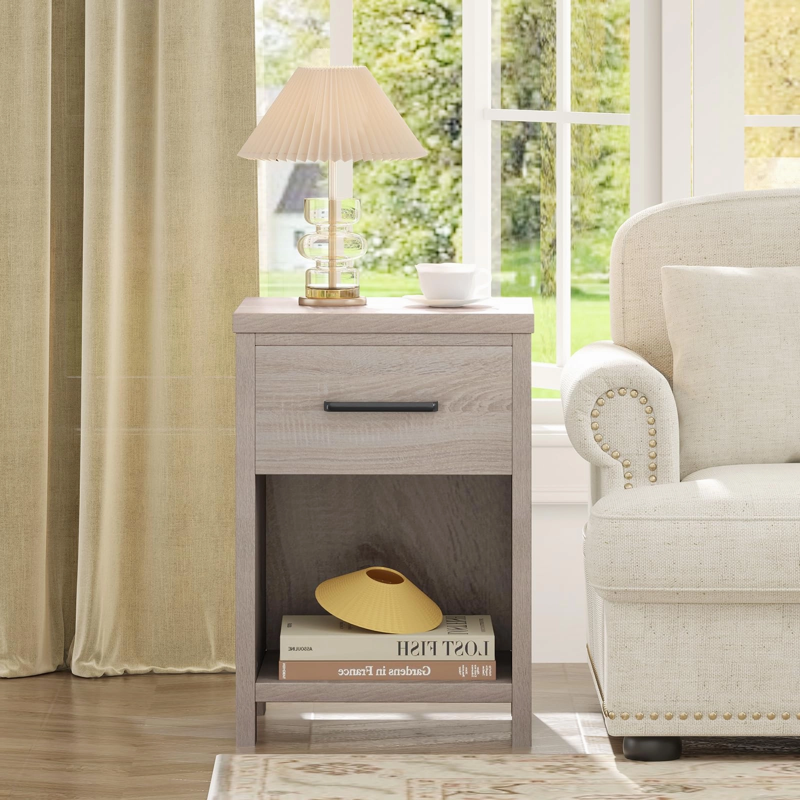 Giantex Wooden Bedside Table with Storage Drawer and Open Shelf