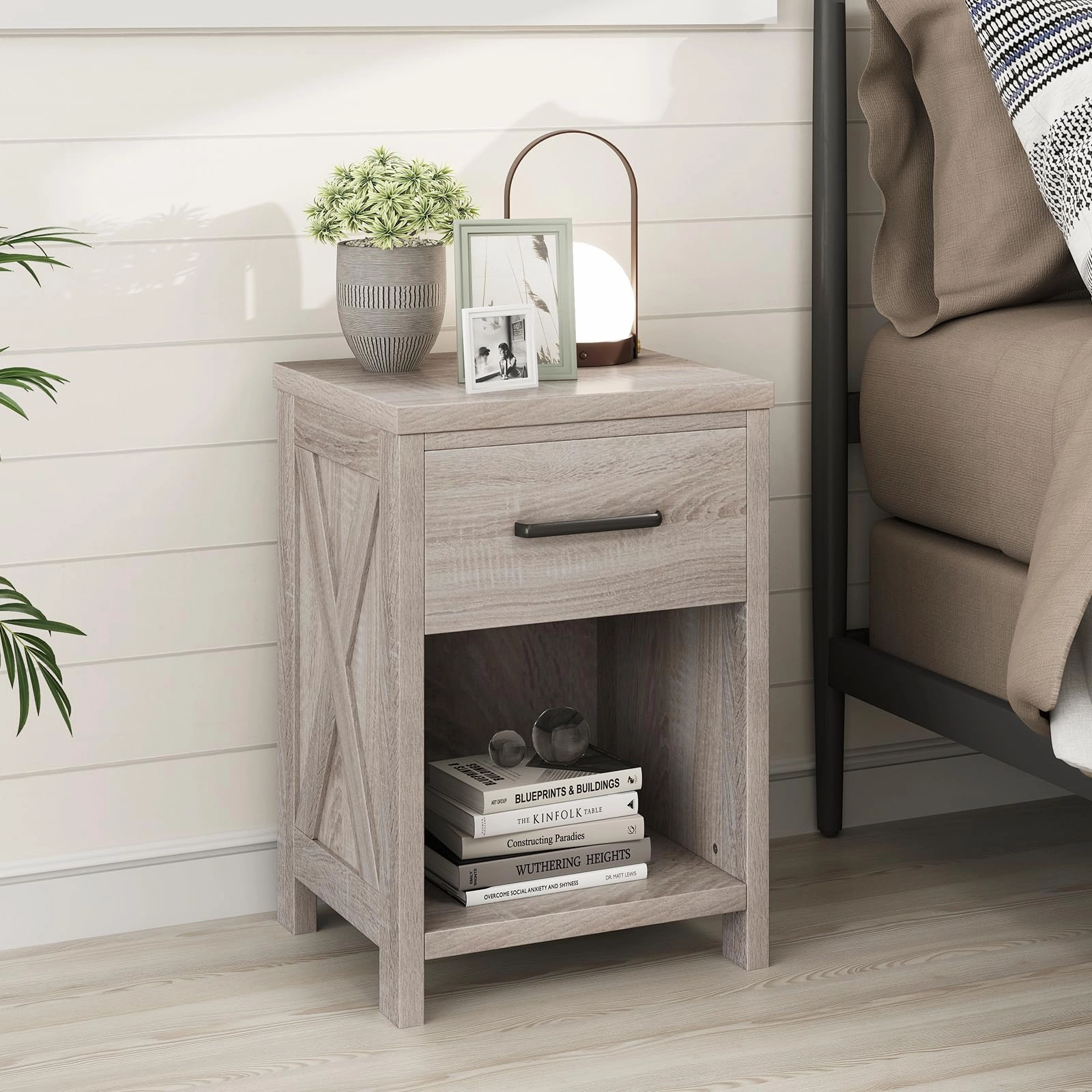Giantex Wooden Bedside Table with Storage Drawer and Open Shelf