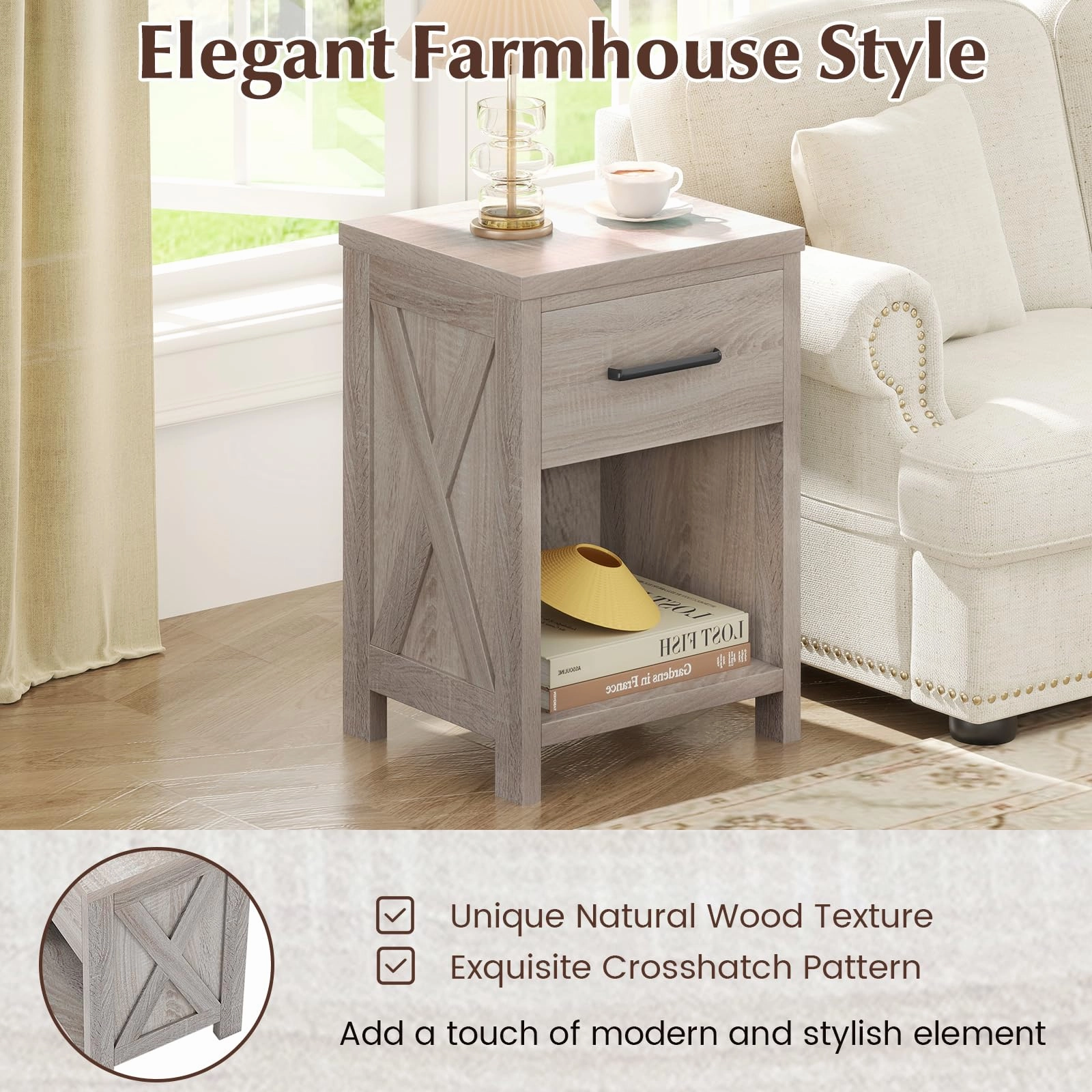 Giantex Wooden Bedside Table with Storage Drawer and Open Shelf