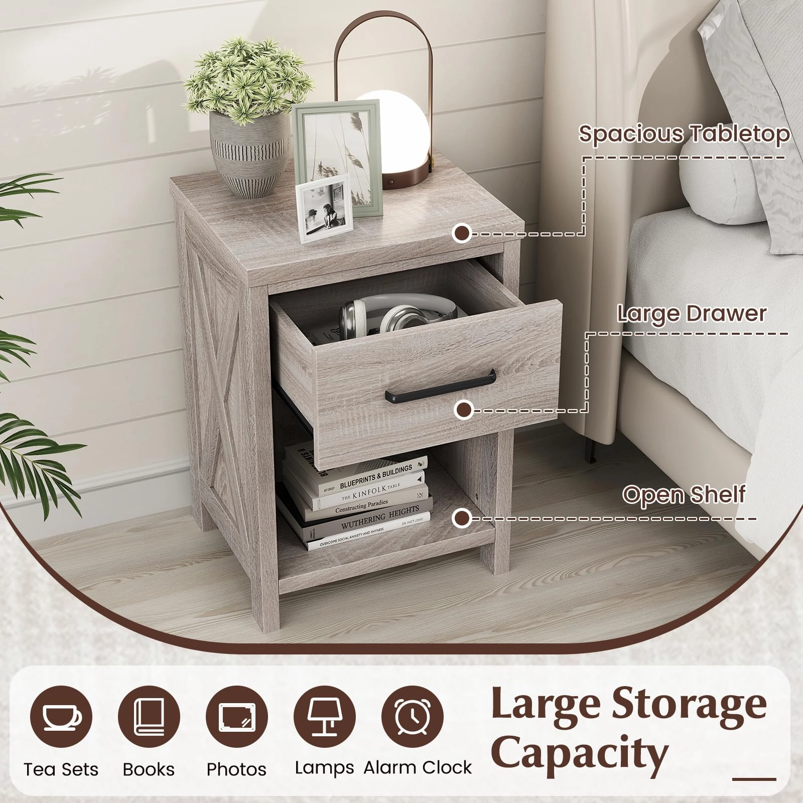 Giantex Wooden Bedside Table with Storage Drawer and Open Shelf