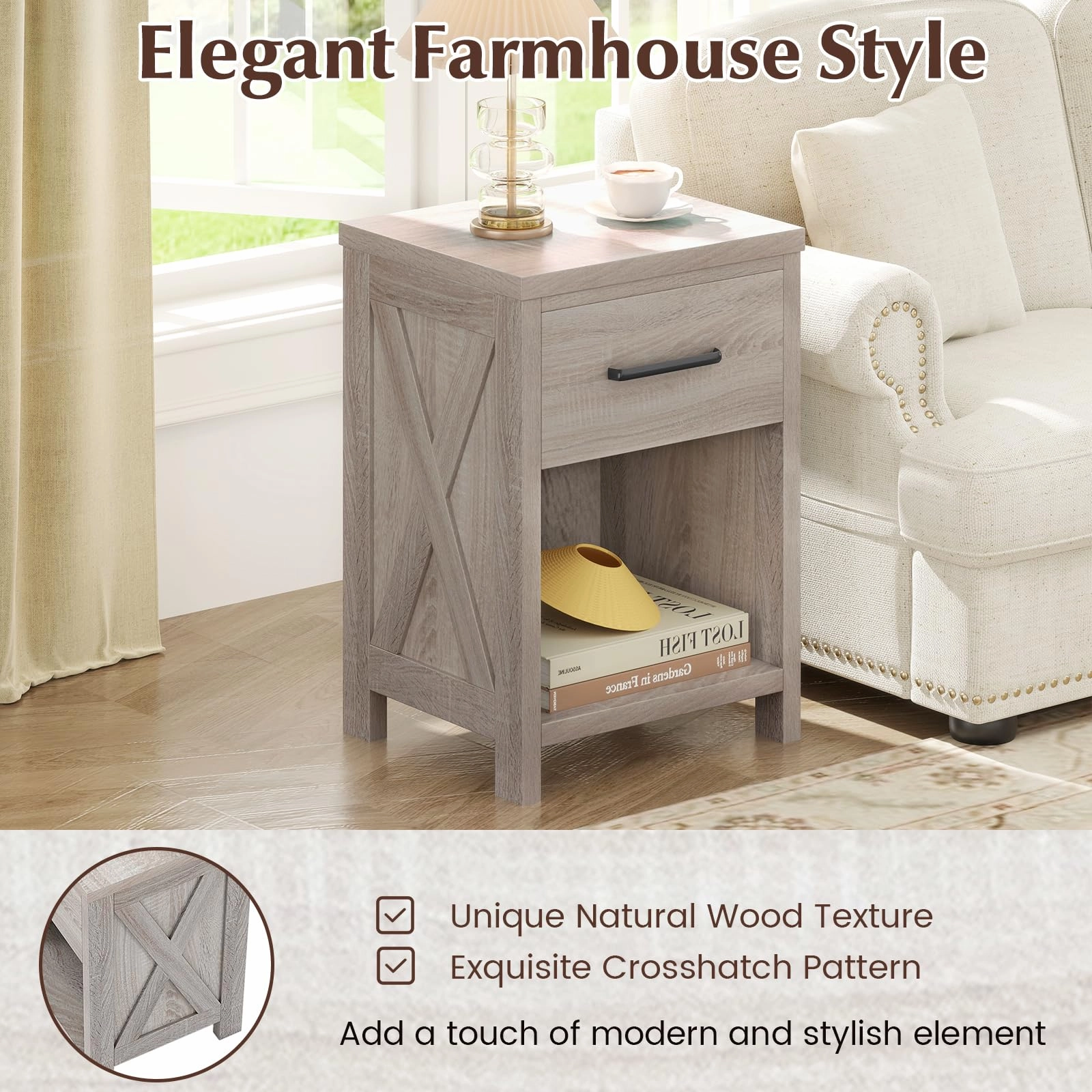 Giantex Wooden Bedside Table with Storage Drawer and Open Shelf