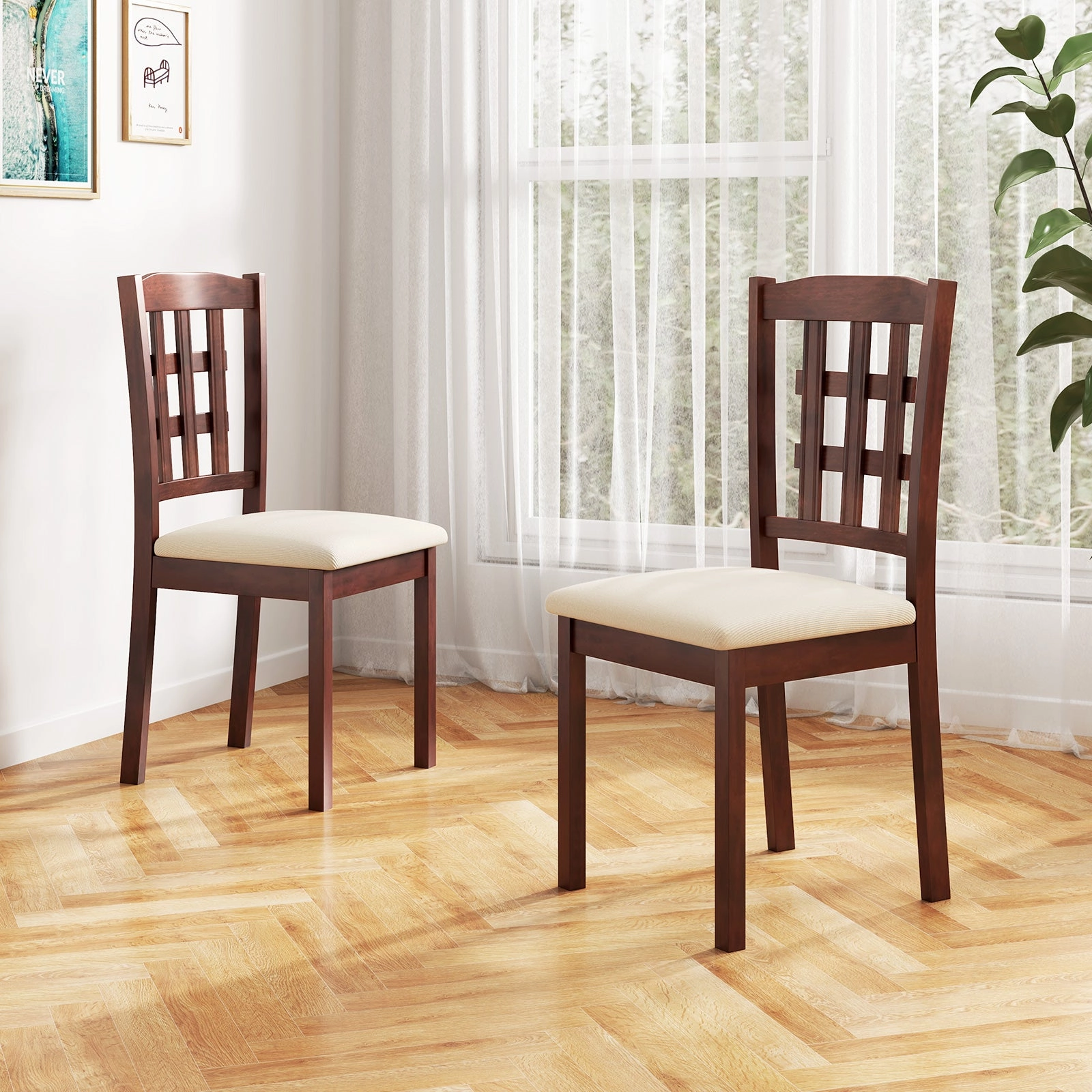 Giantex Wooden Dining Chair, Linen Fabric Padded Kitchen Chairs