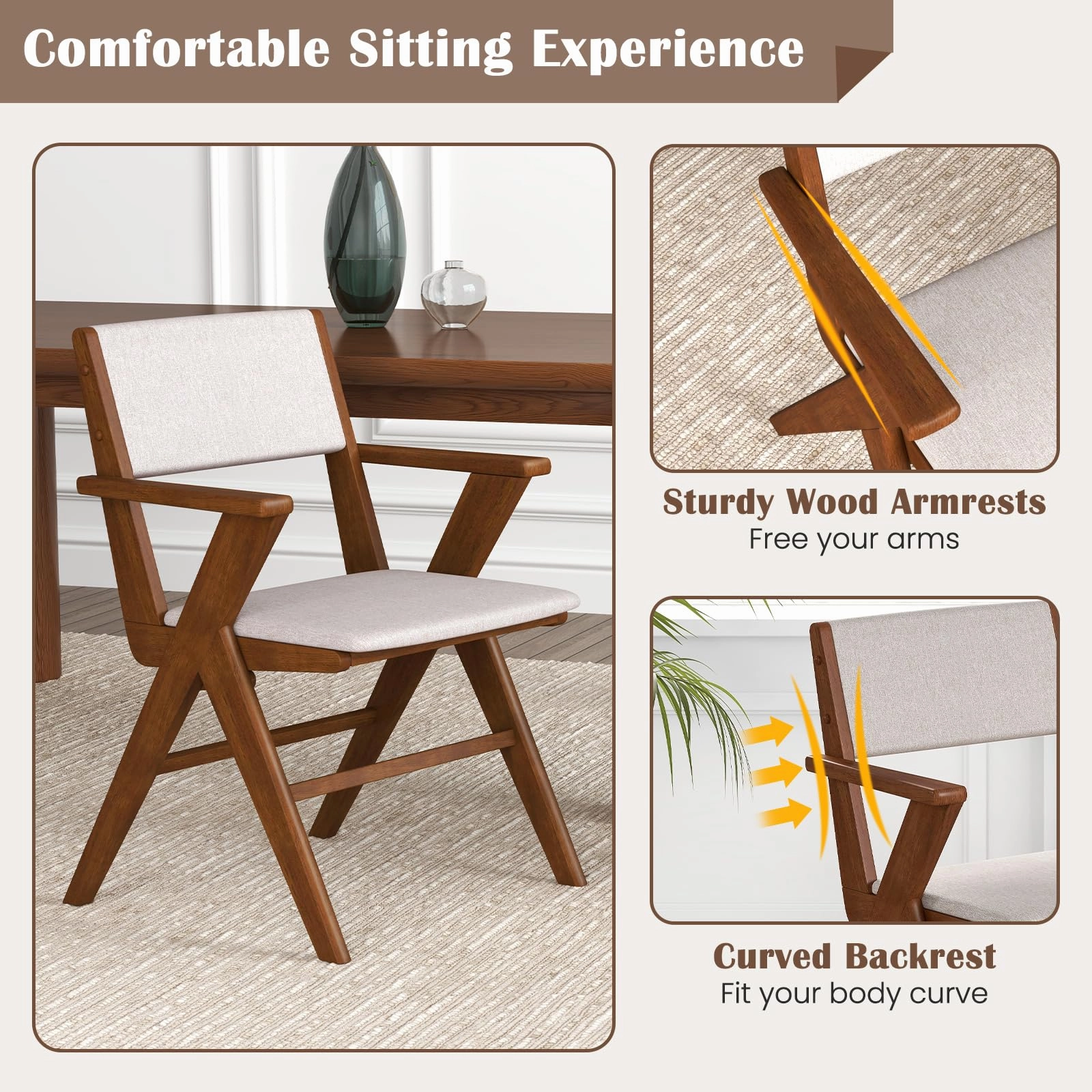 Giantex Wooden Dining Chairs Set, Linen Fabric Upholstered Kitchen Chairs w/Armrests, Rubber Wood Frame