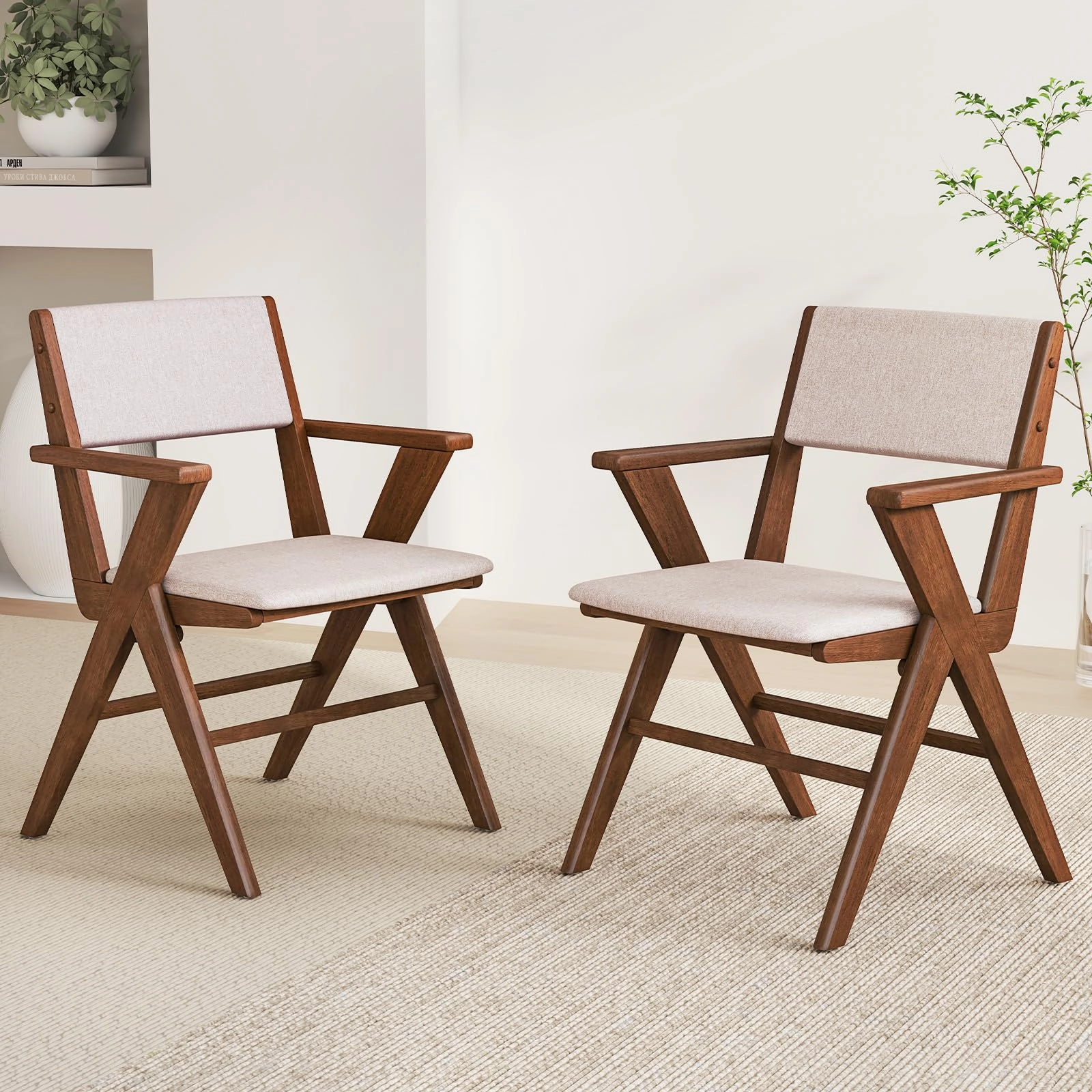 Giantex Wooden Dining Chairs Set, Linen Fabric Upholstered Kitchen Chairs w/Armrests, Rubber Wood Frame