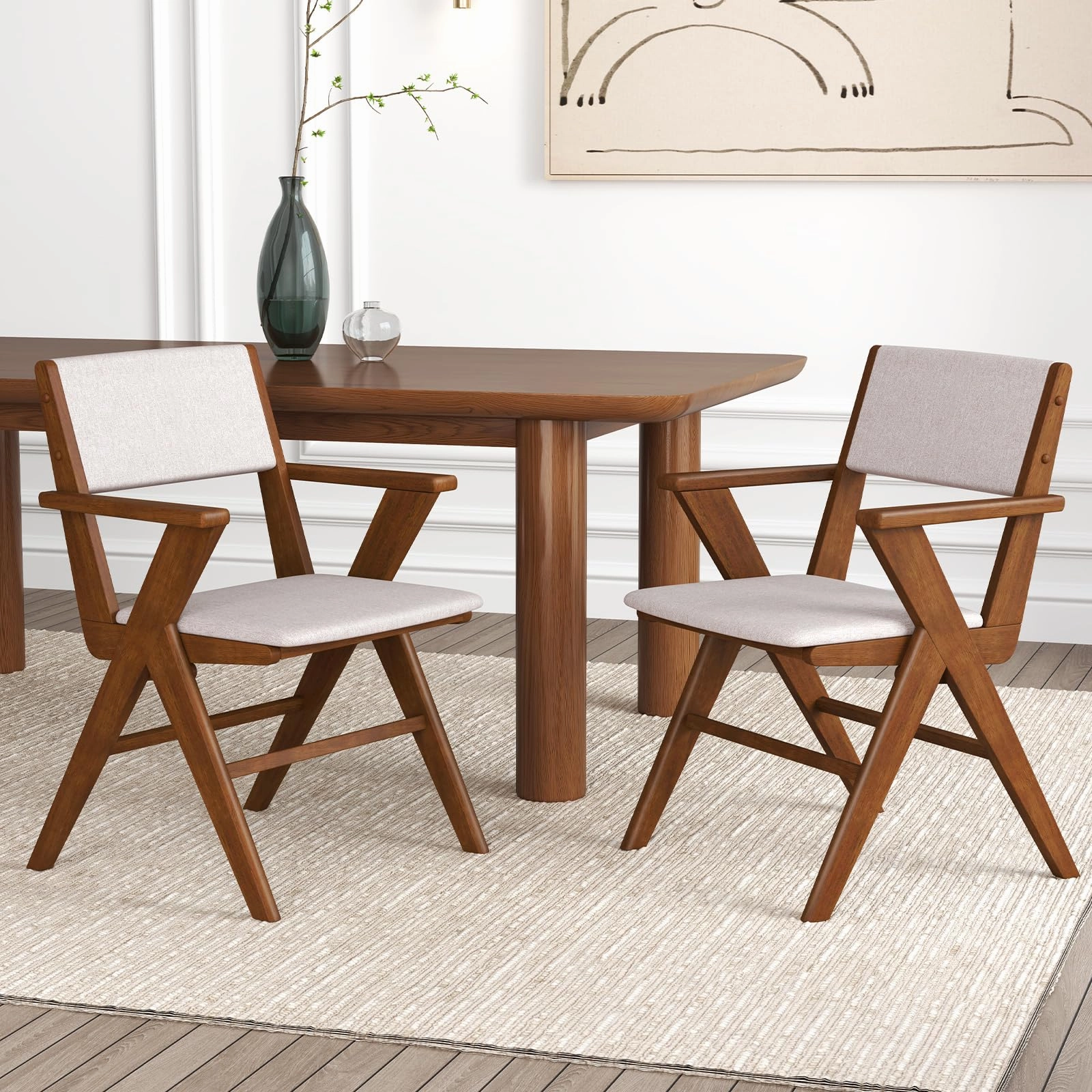 Giantex Wooden Dining Chairs Set, Linen Fabric Upholstered Kitchen Chairs w/Armrests, Rubber Wood Frame